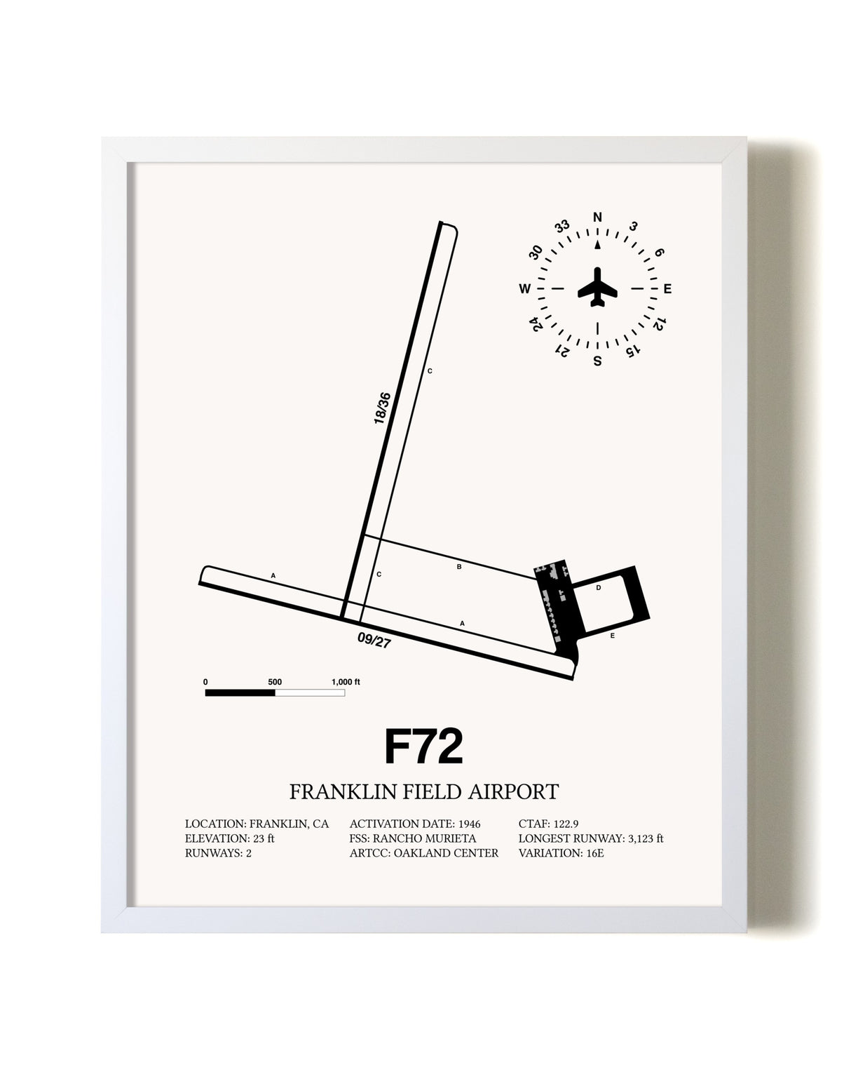 Franklin Field Airport airport map poster in oak frame