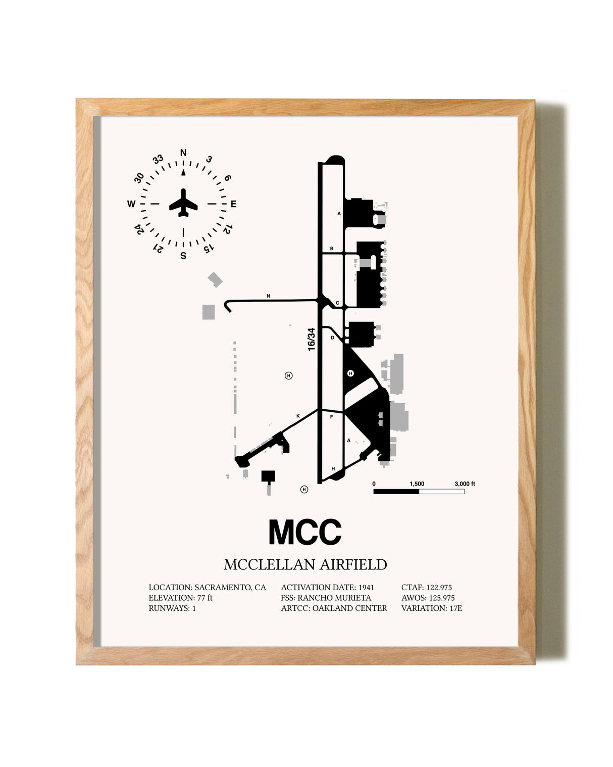 McClellan Airfield framed print in natural wood frame