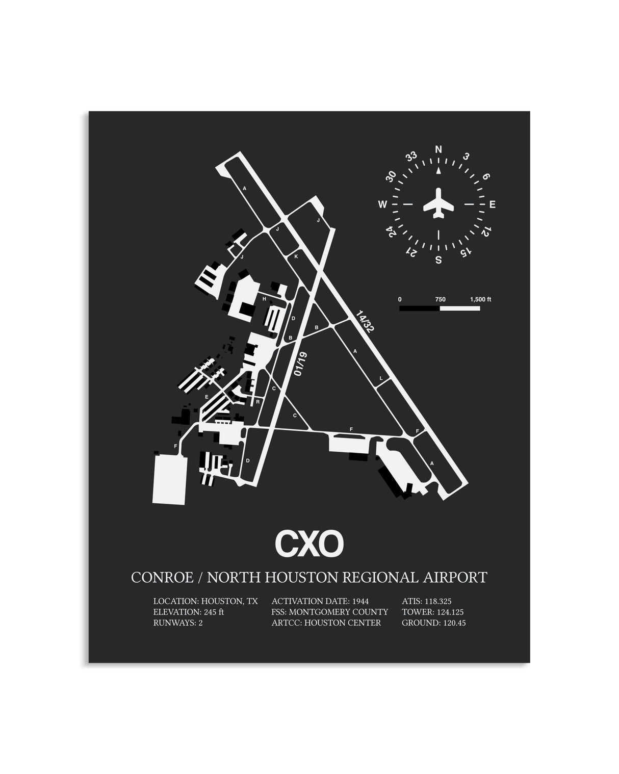 Gray Framed Conroe / North Houston Regional Airport layout wall art poster