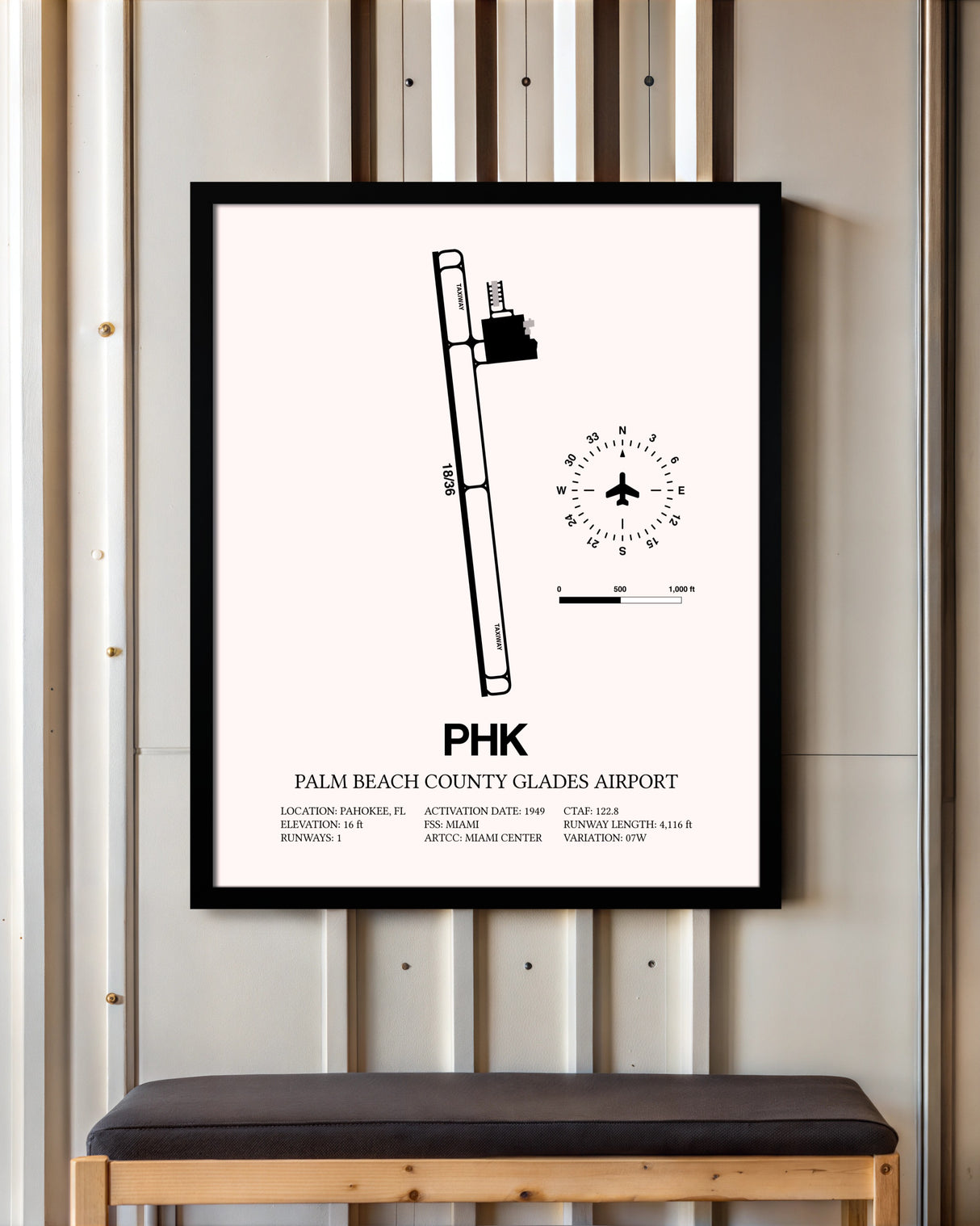 Palm Beach County Glades Airport framed poster displayed in an airplane hangar