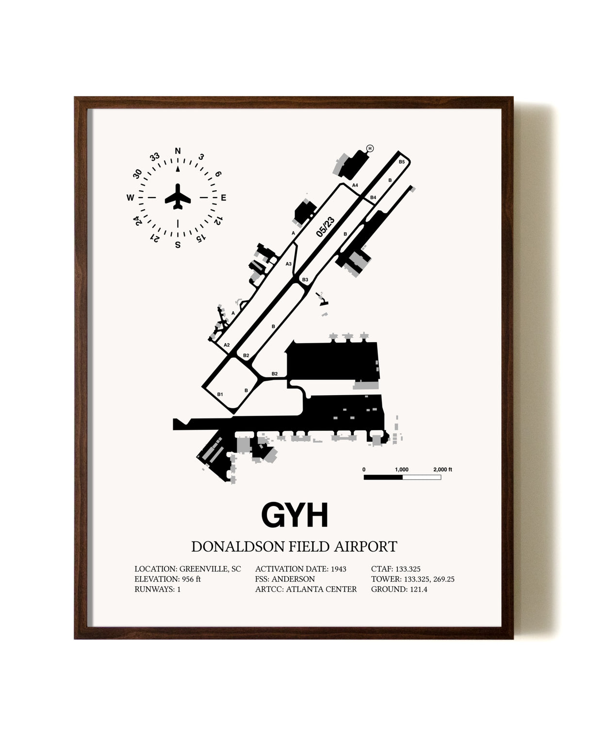 Donaldson Field Airport aviation print in walnut frame