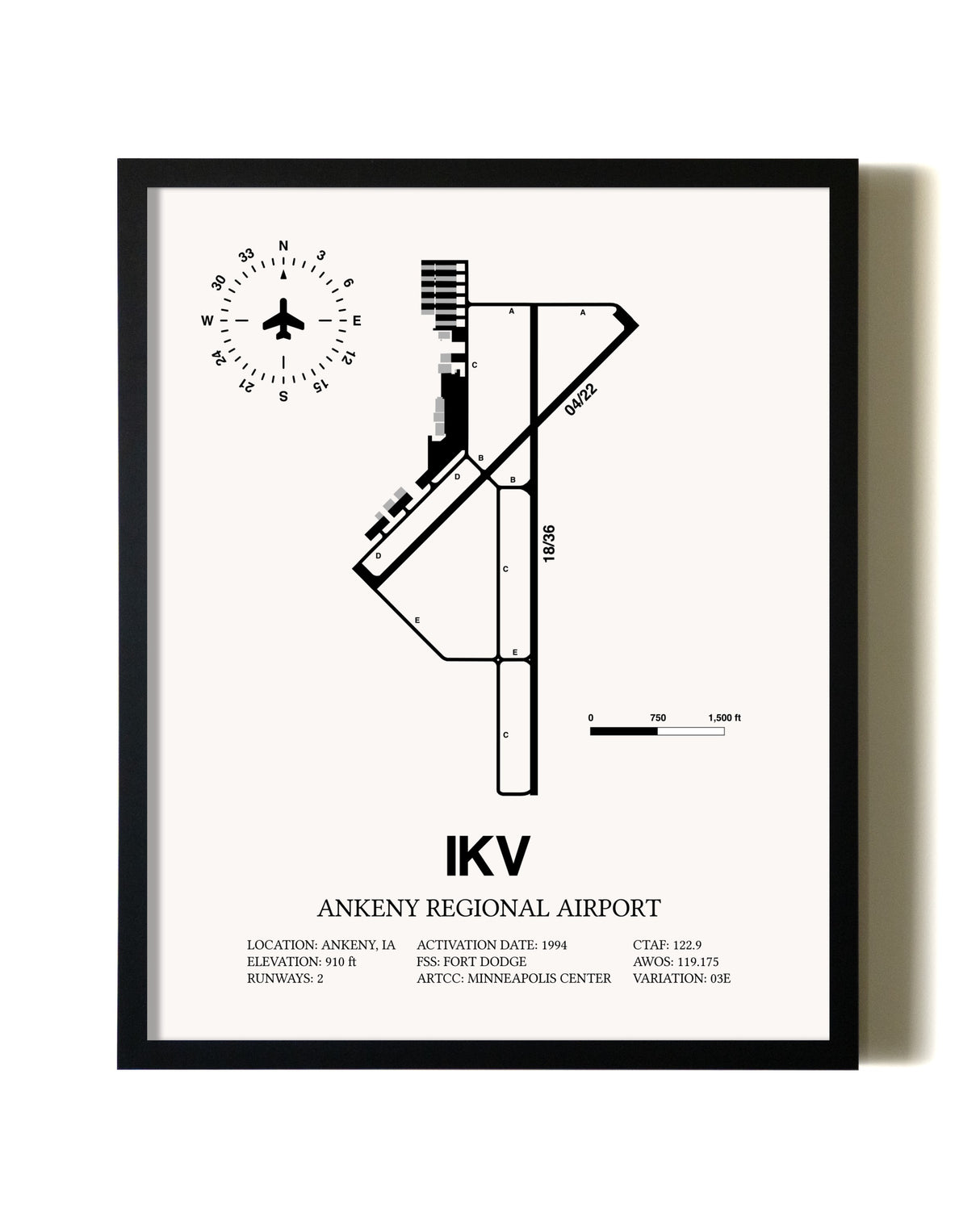 Framed Ankeny Regional Airport wall art poster in black frame