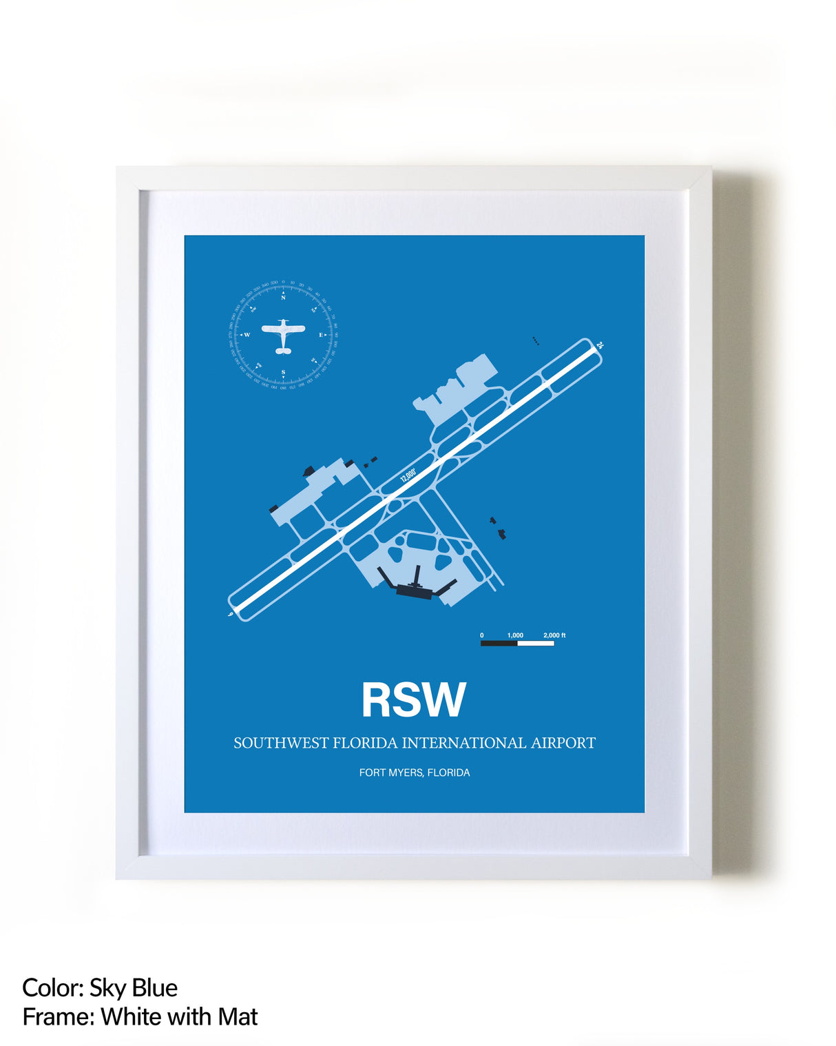 Southwest Florida International Airport framed wall art in white frame with mat