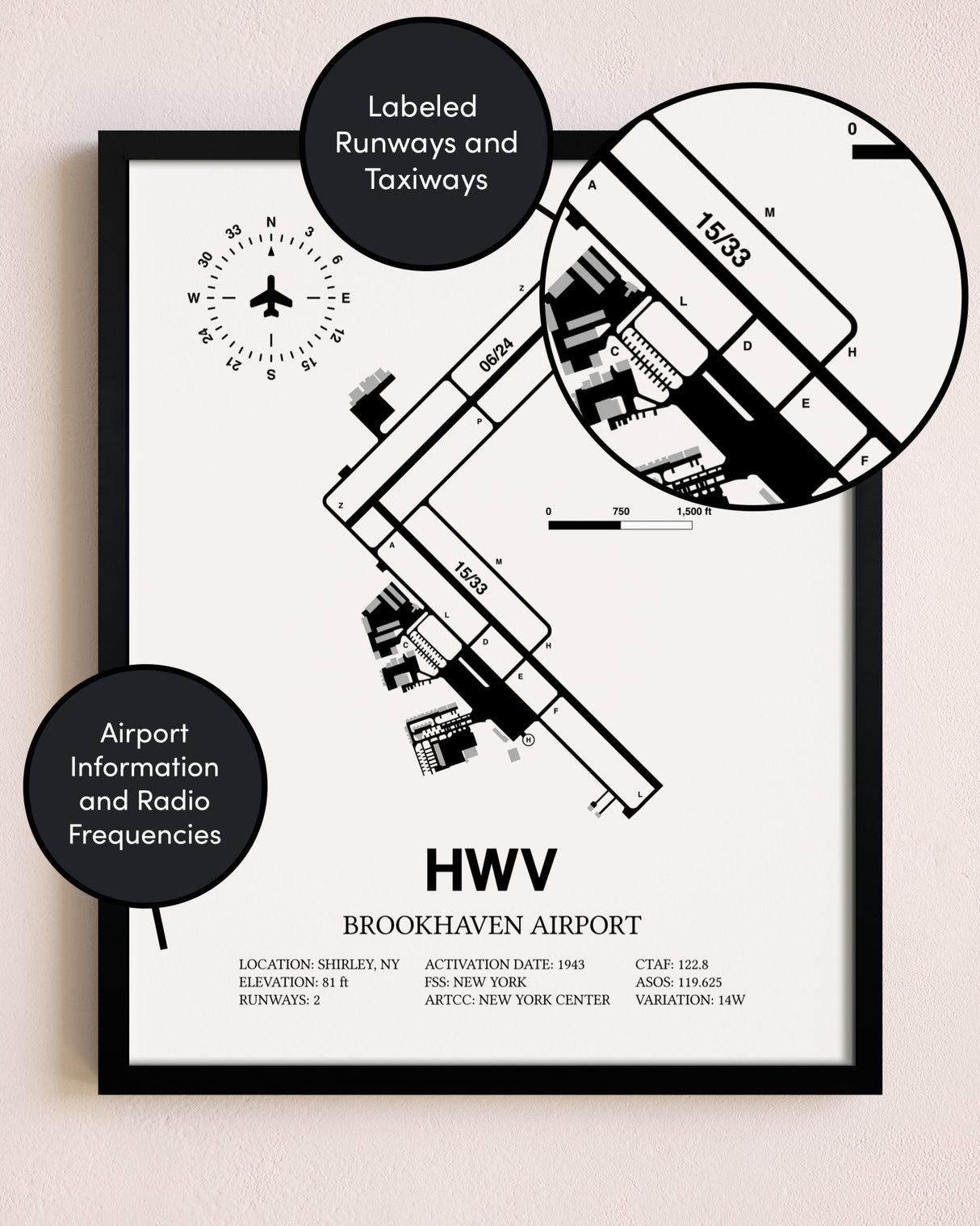 Framed Brookhaven Airport layout wall art poster