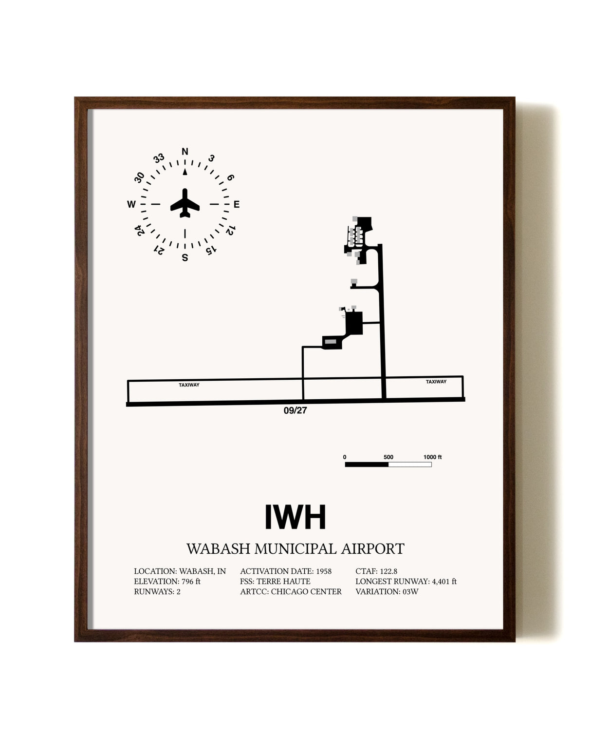 Wabash Municipal Airport aviation print in walnut frame