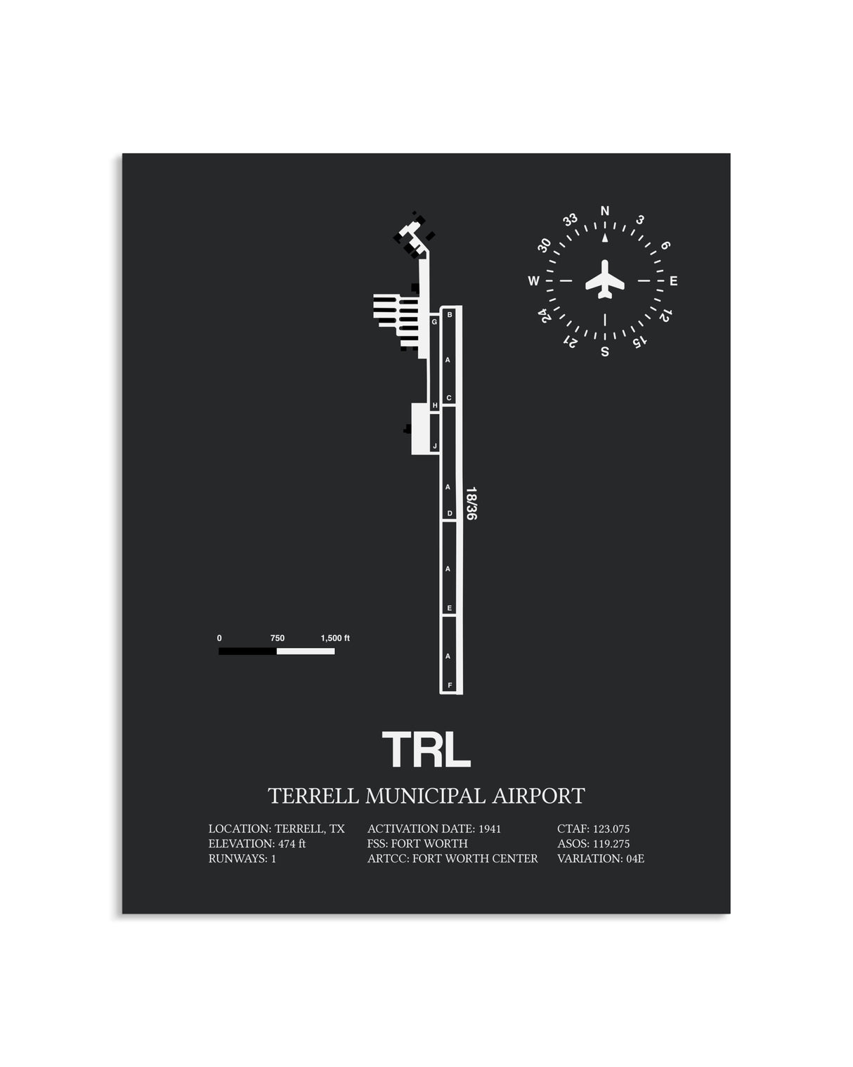 Gray Framed Terrell Municipal Airport layout wall art poster