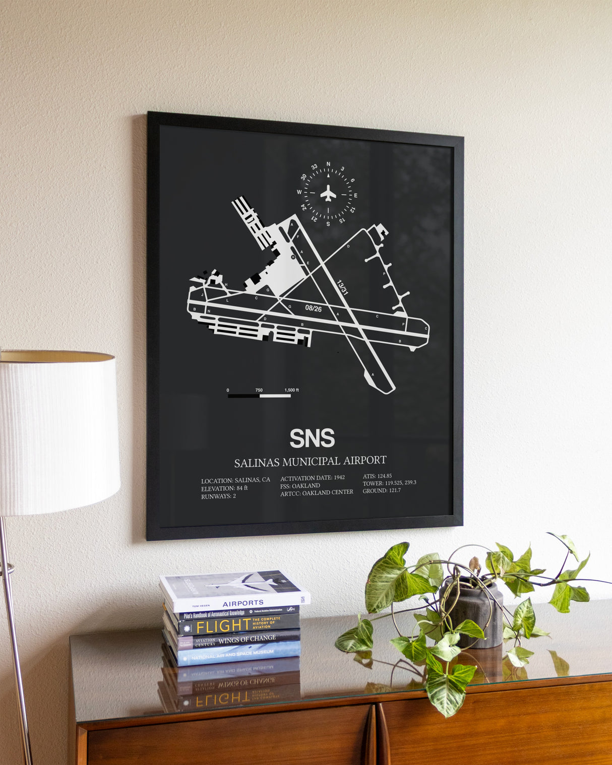 Gray Framed Salinas Municipal Airport wall art poster in black frame