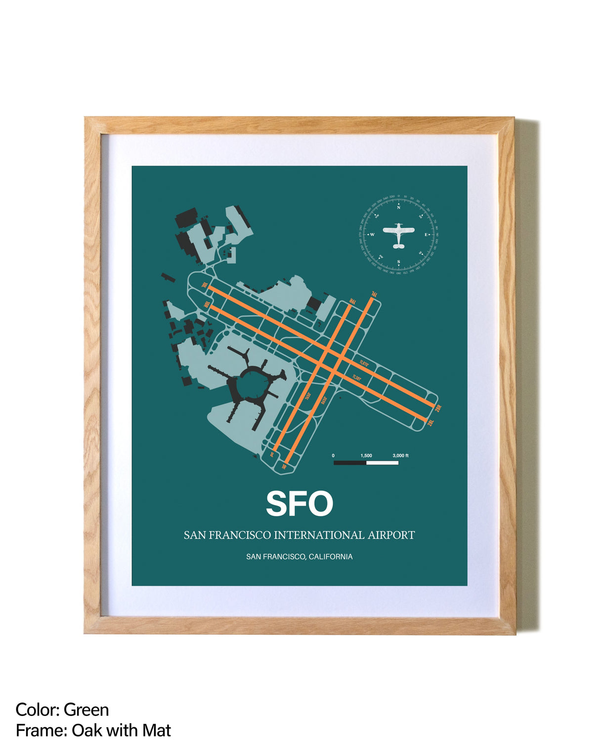 San Francisco International Airport airport map poster in oak frame with mat