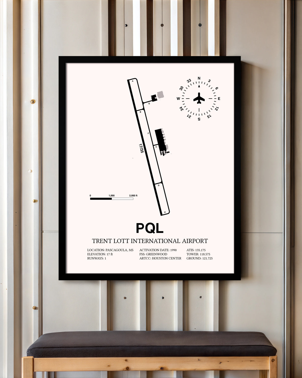 Trent Lott International Airport framed poster displayed in an airplane hangar