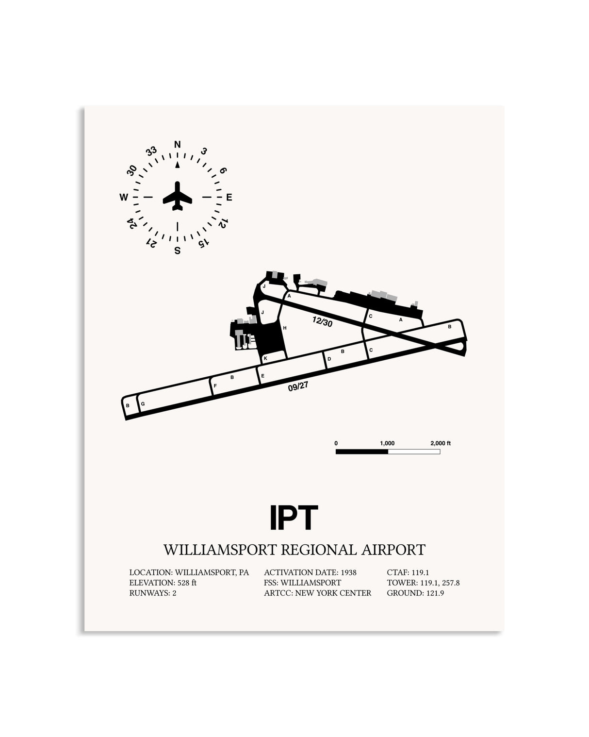 Gray Williamsport Regional Airport framed poster displayed in an airplane hangar