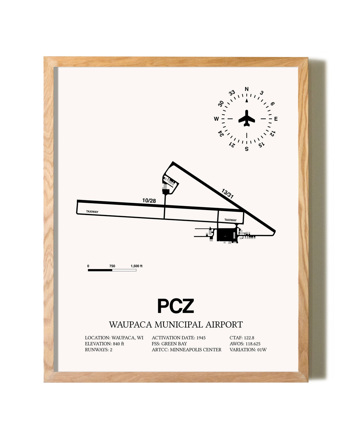 Waupaca Municipal Airport framed print in natural wood frame