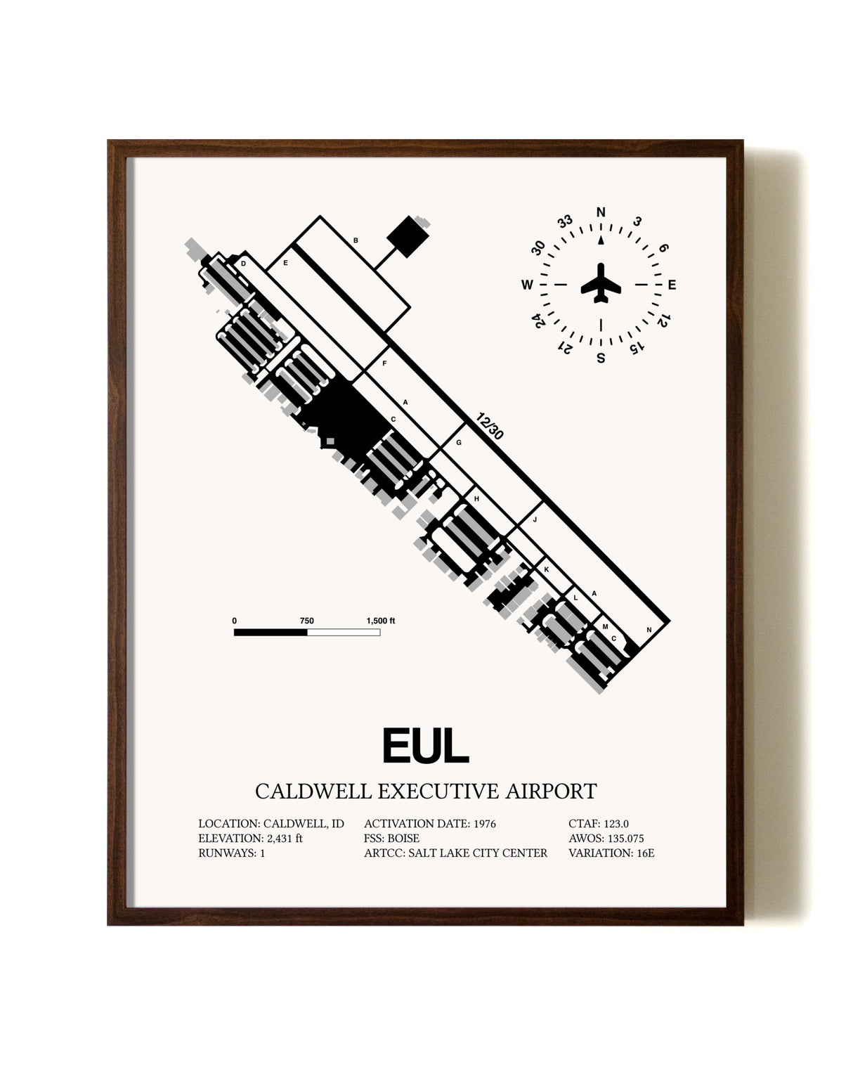 Caldwell Executive Airport aviation print in walnut frame