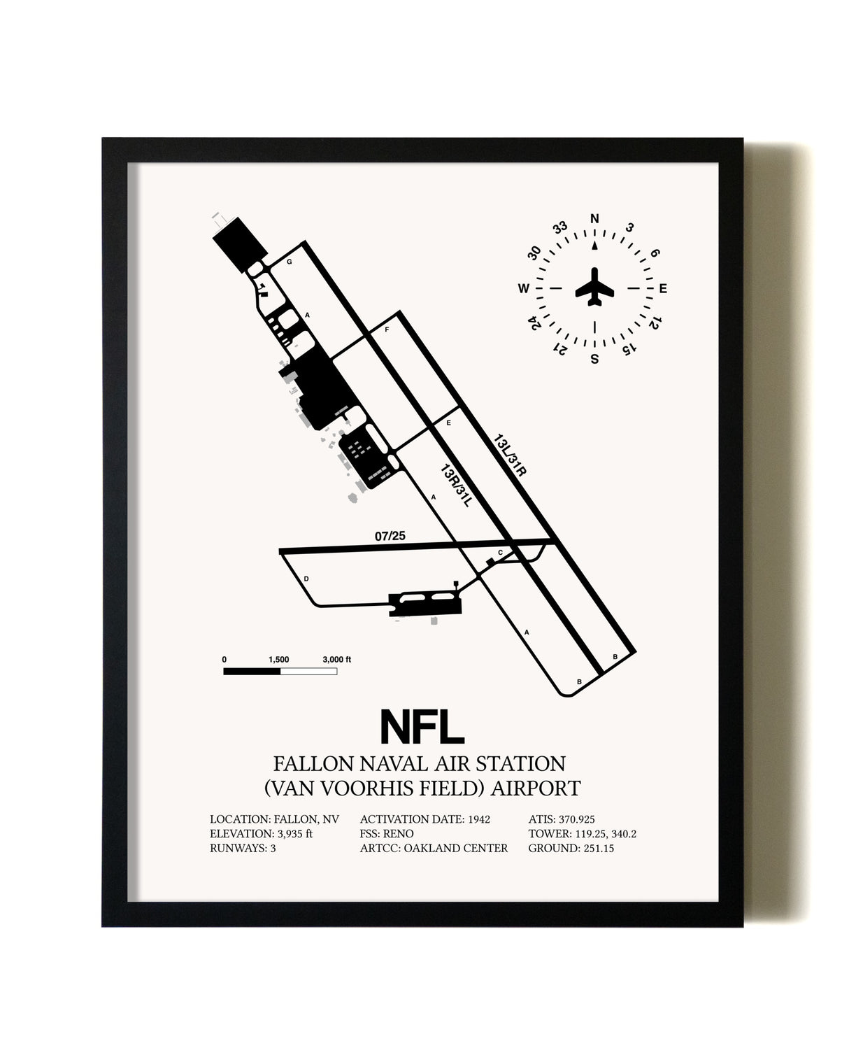 Framed Fallon Naval Air Station (Van Voorhis Field) Airport wall art poster in black frame