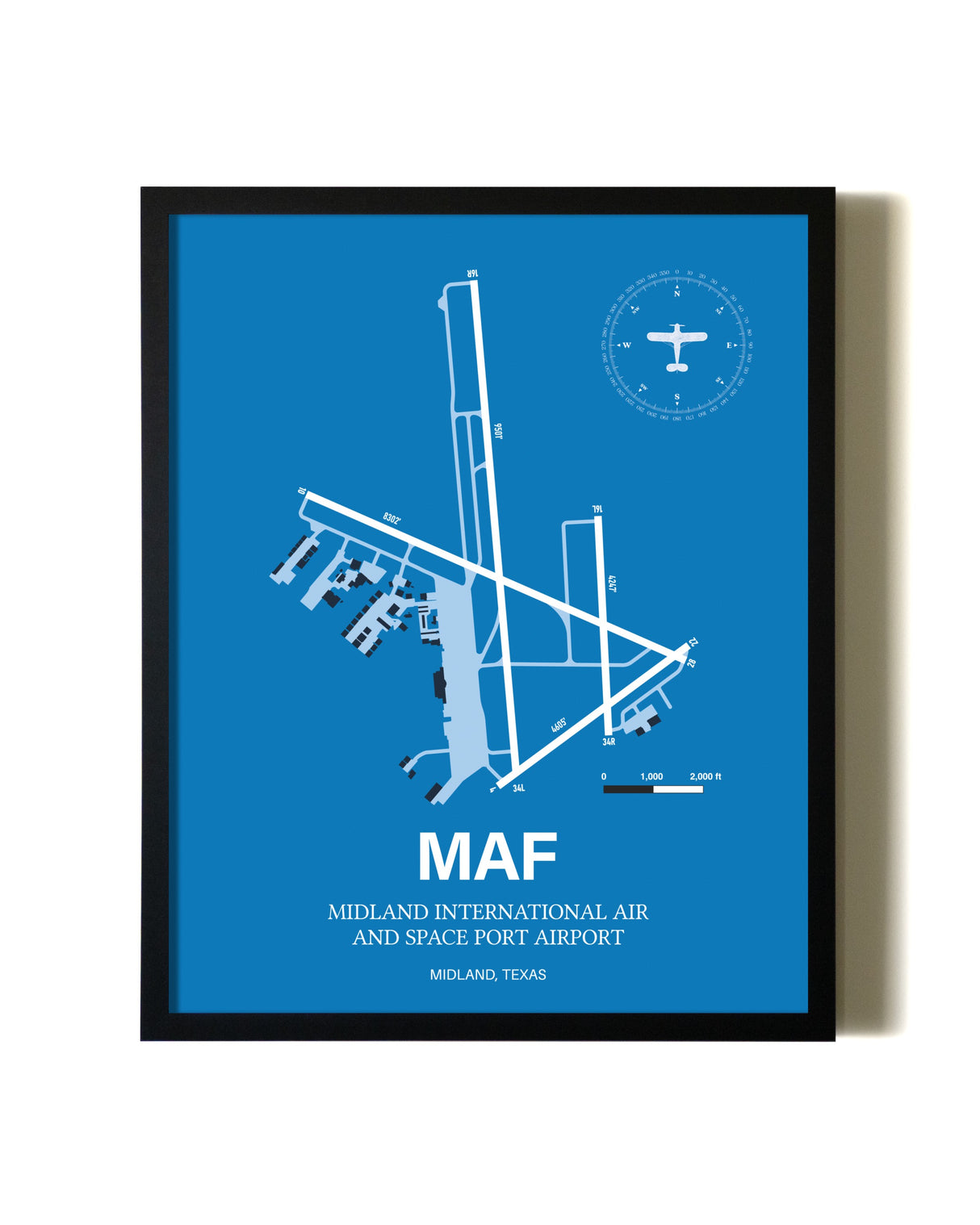 Sky Blue Midland International Air and Space Port Airport aviation wall décor in black wood frame