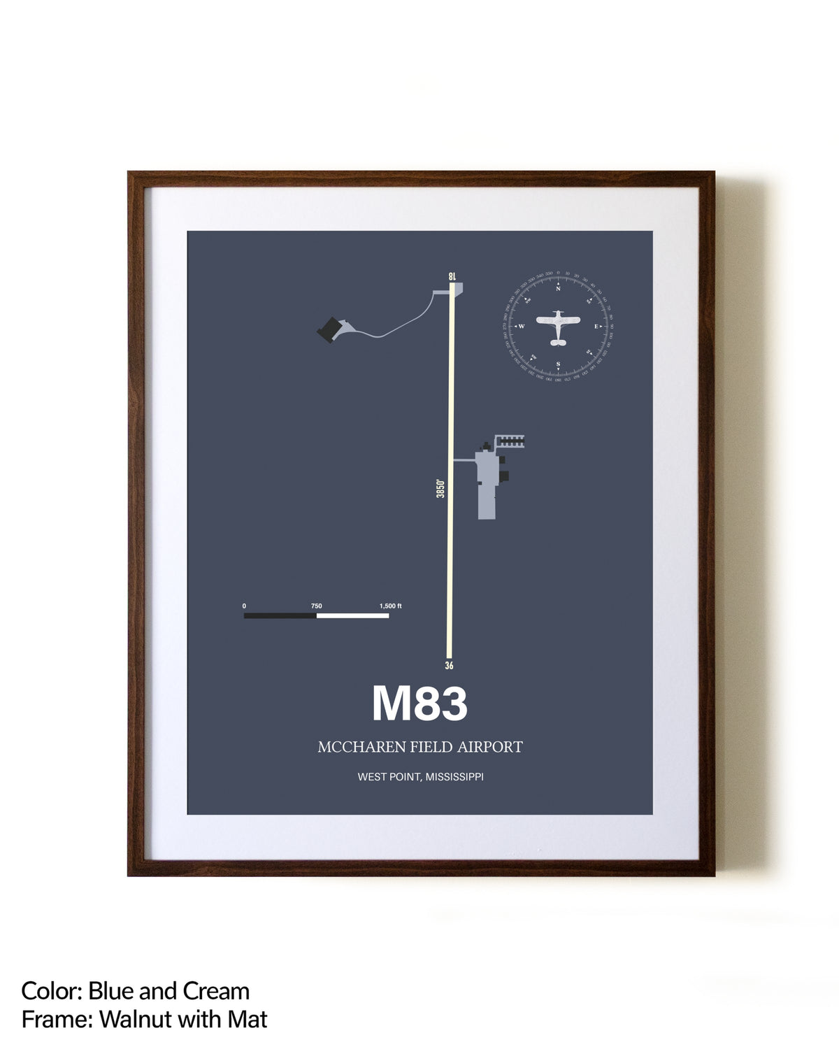 McCharen Field Airport aviation print in walnut frame with mat