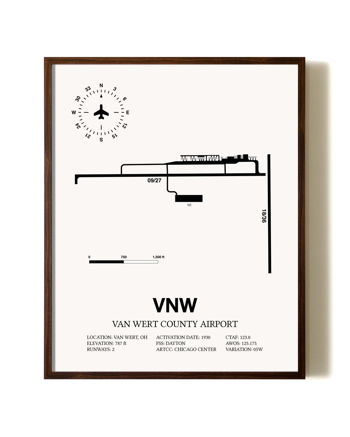 Van Wert County Airport aviation print in walnut frame