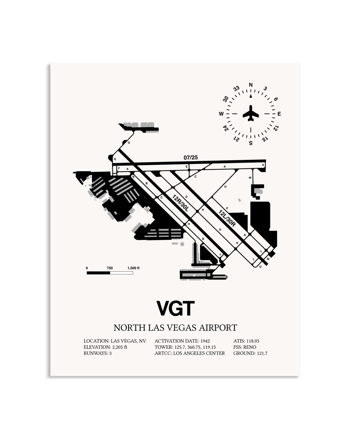 Gray North Las Vegas Airport framed poster displayed in an airplane hangar