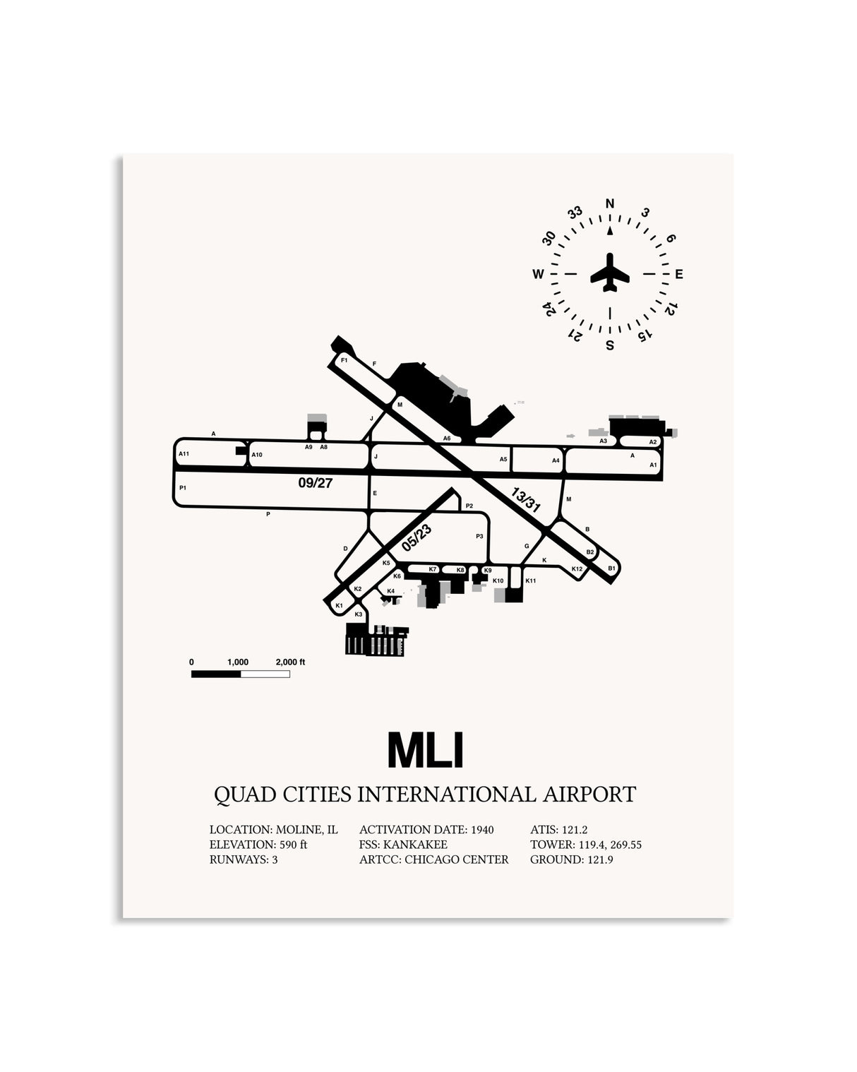 Gray Quad Cities International Airport framed poster displayed in an airplane hangar