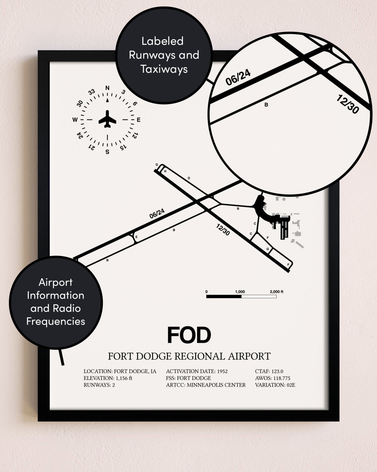 Framed Fort Dodge Regional Airport layout wall art poster