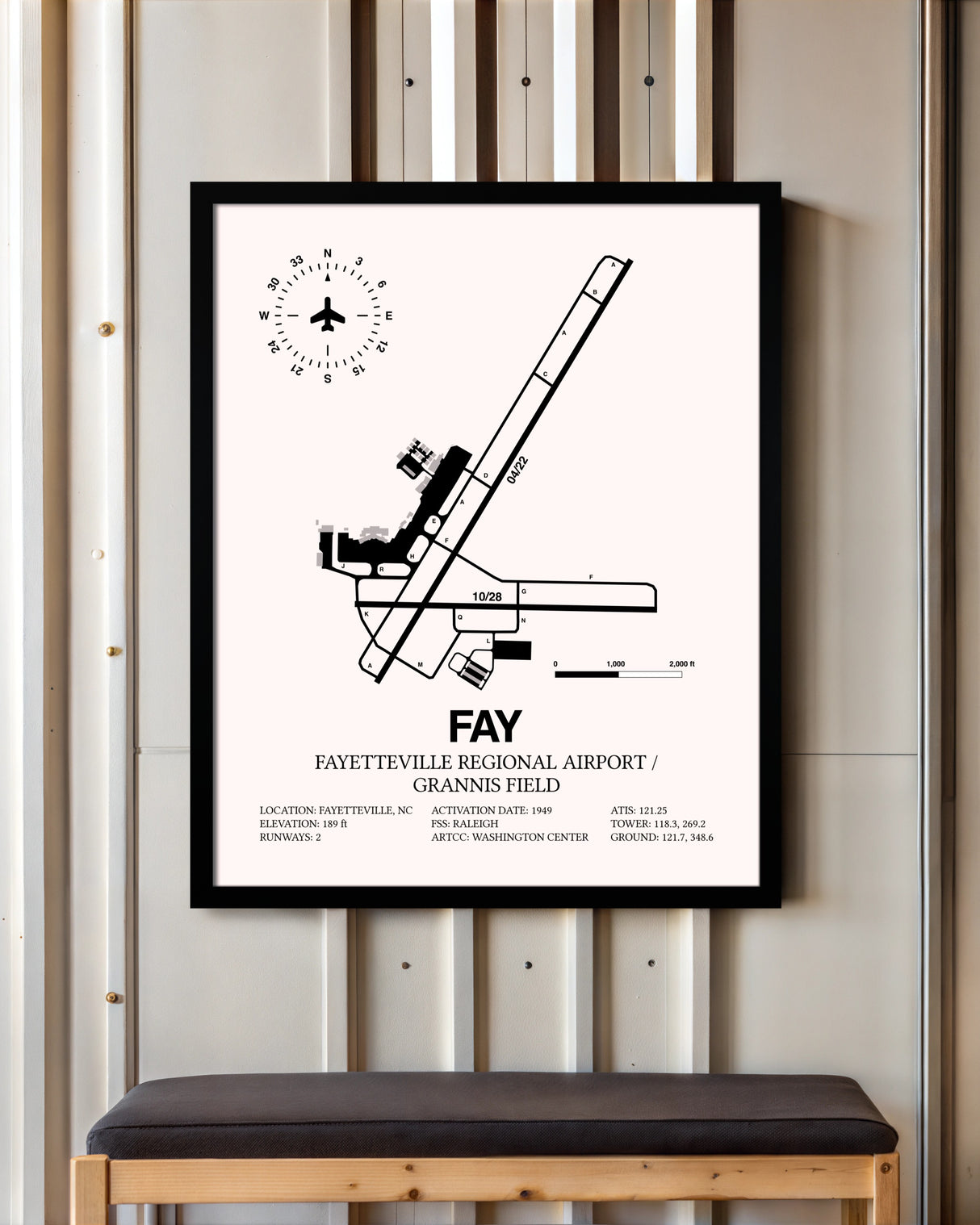 Fayetteville Regional Airport / Grannis Field framed poster displayed in an airplane hangar