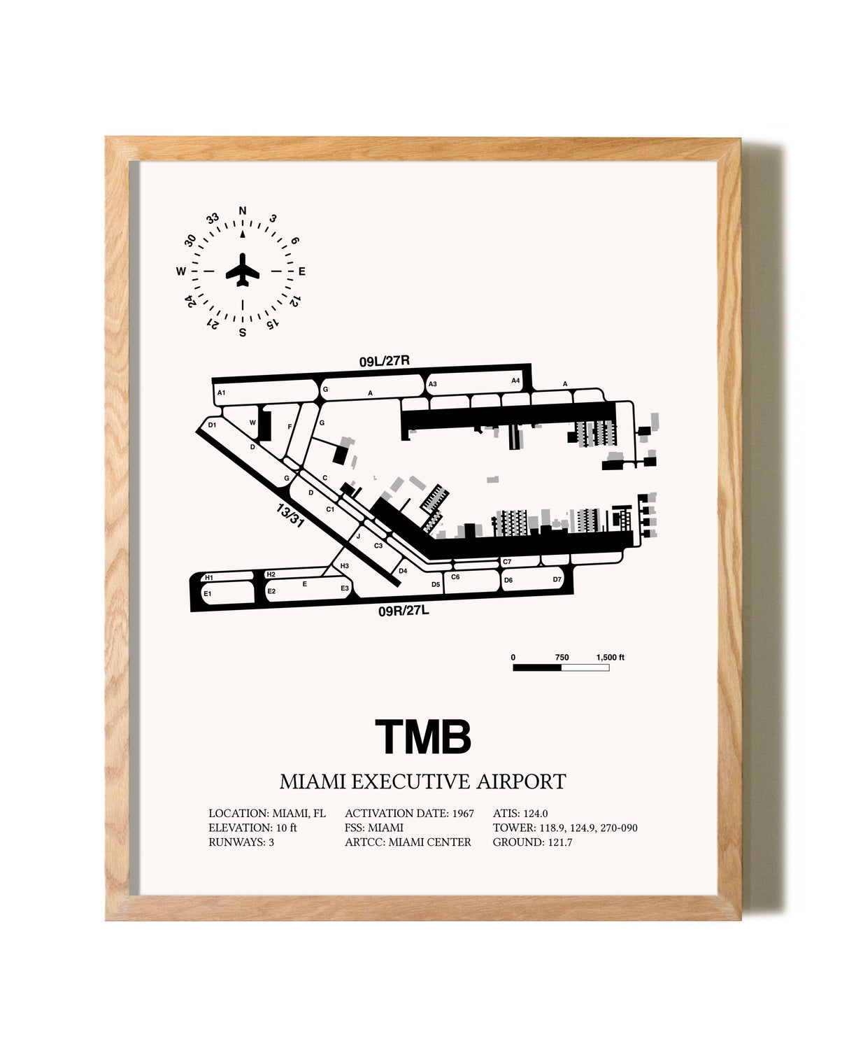 Miami Executive Airport framed print in natural wood frame