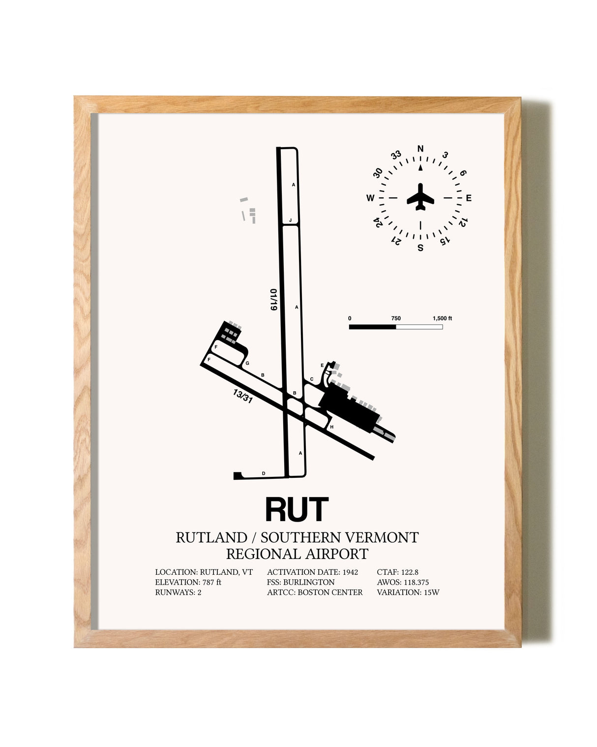 Rutland / Southern Vermont Regional Airport framed print in natural wood frame