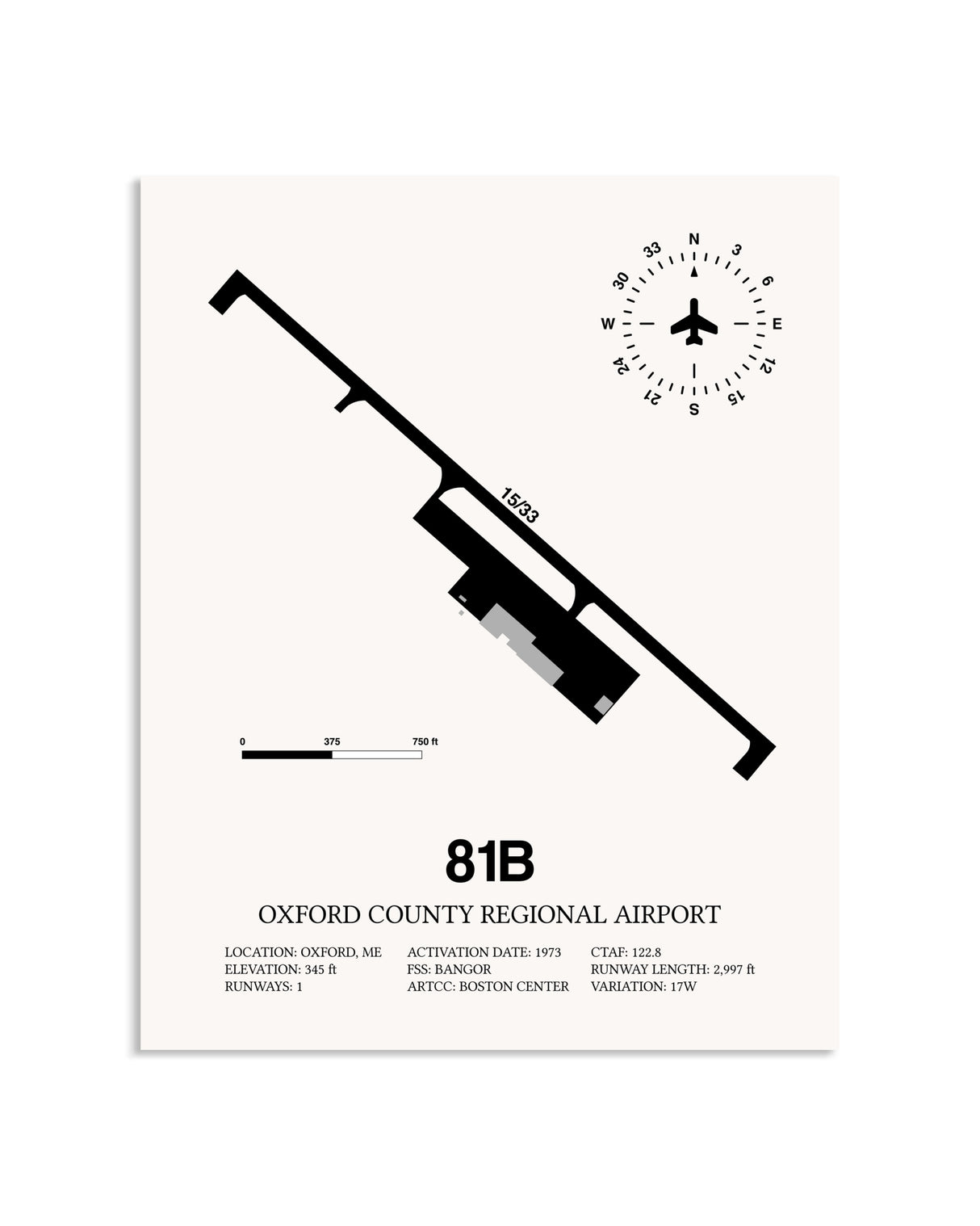 Gray Oxford County Regional Airport framed poster displayed in an airplane hangar
