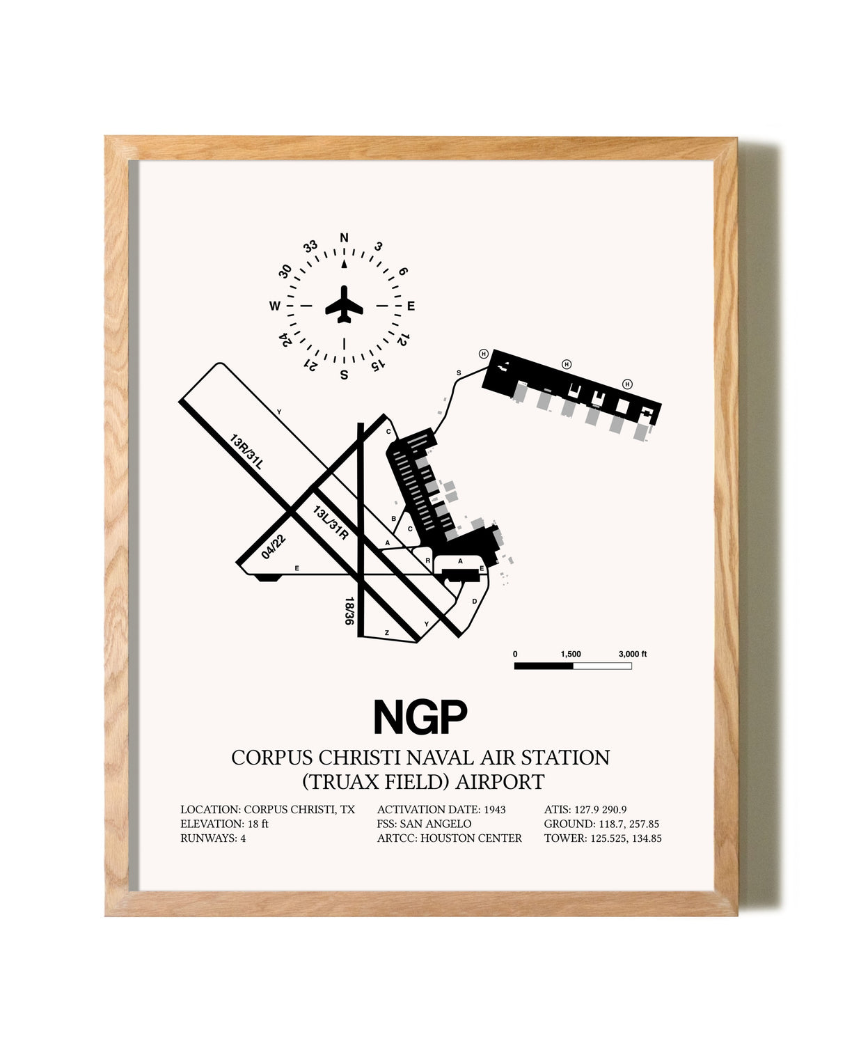 Corpus Christi Naval Air Station (Truax Field) Airport framed print in natural wood frame