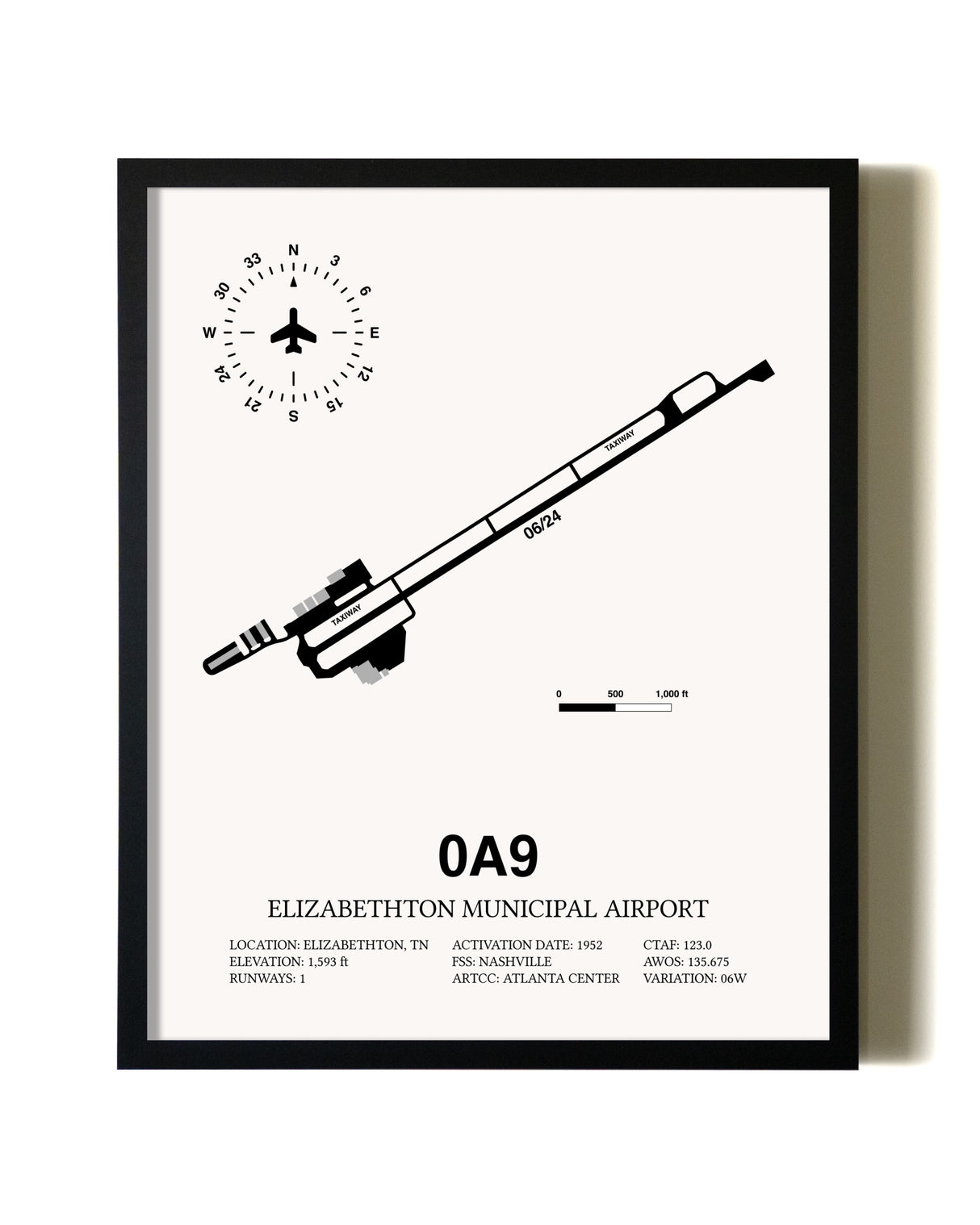 Framed Elizabethton Municipal Airport wall art poster in black frame