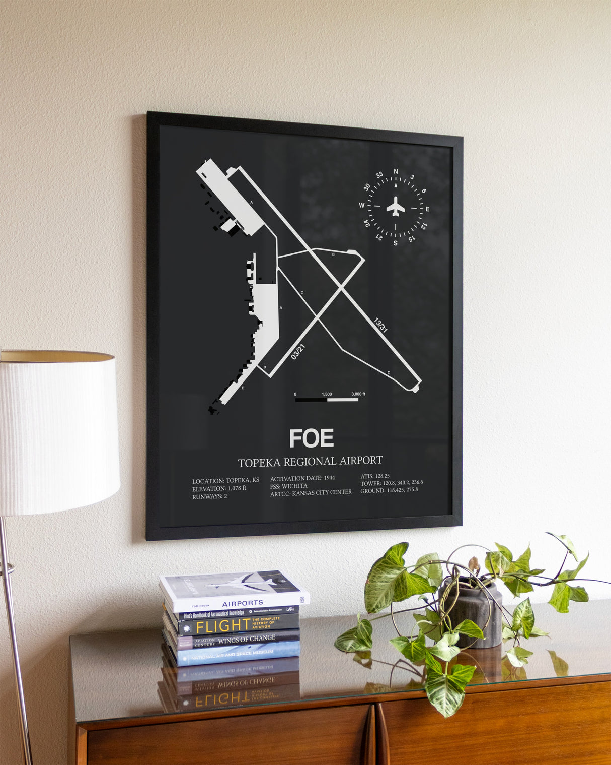 Gray Framed Topeka Regional Airport wall art poster in black frame