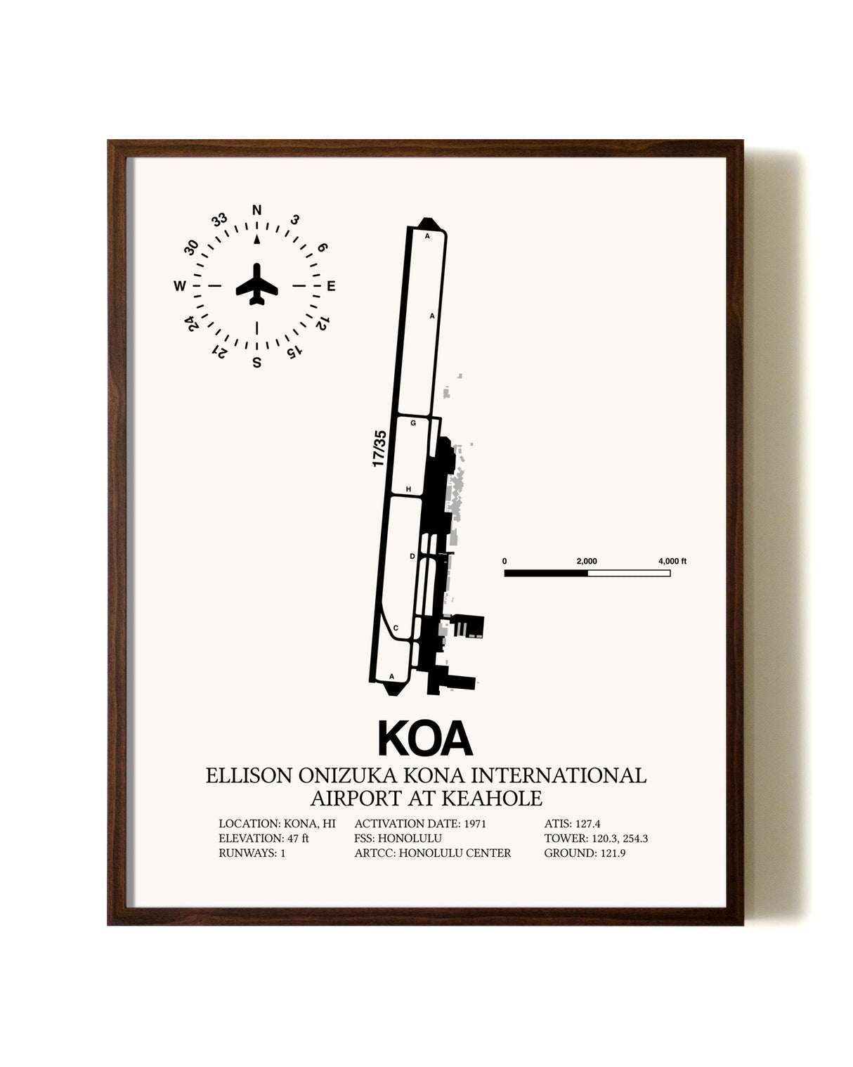 Ellison Onizuka Kona International Airport At Keahole aviation print in walnut frame