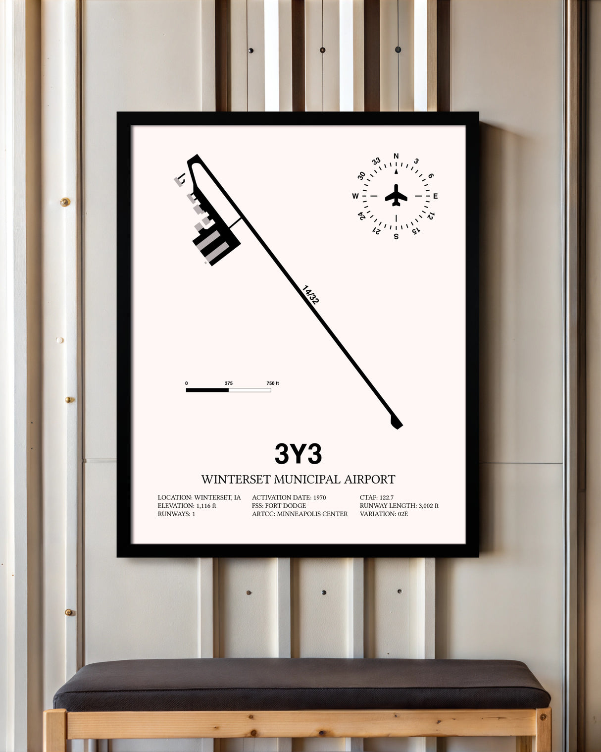 Winterset Municipal Airport framed poster displayed in an airplane hangar