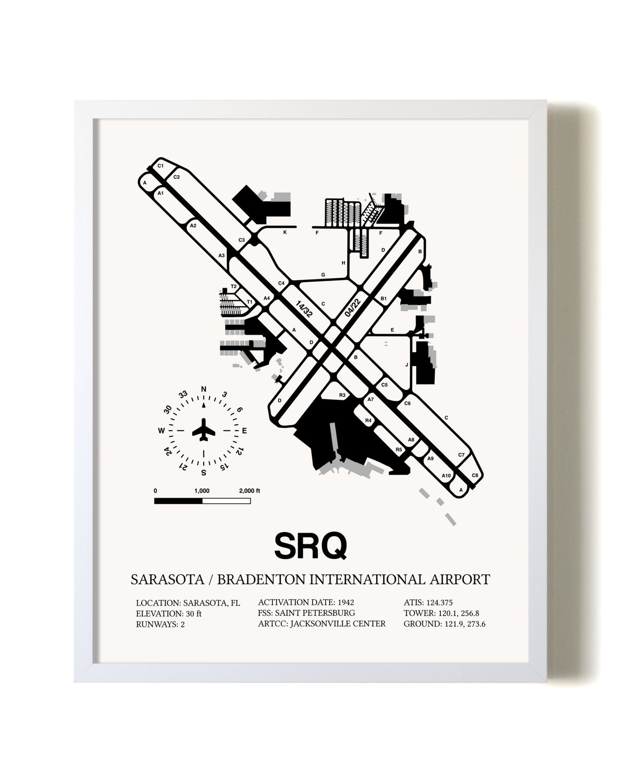 Sarasota / Bradenton International Airport airport map poster in oak frame
