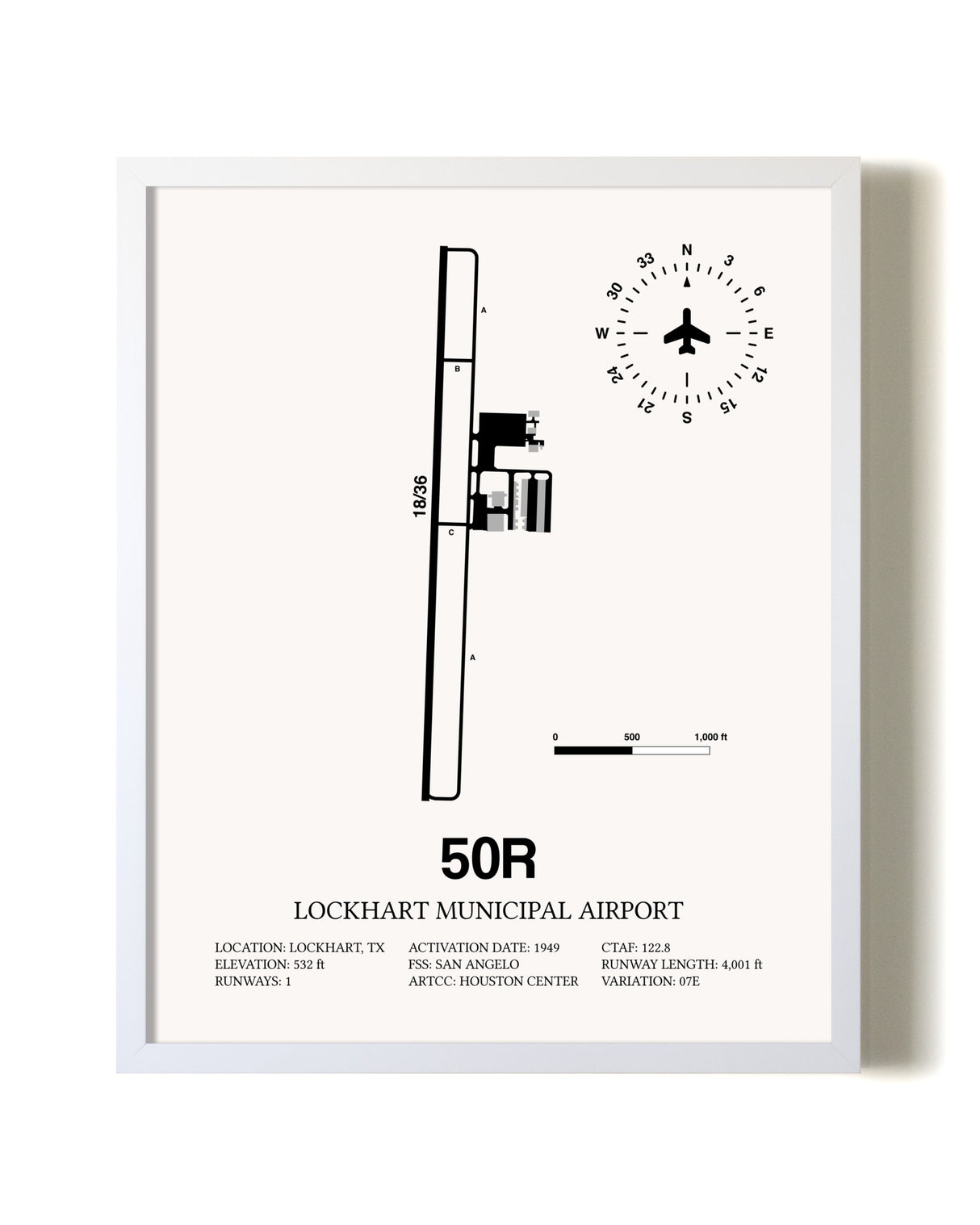 Lockhart Municipal Airport airport map poster in oak frame