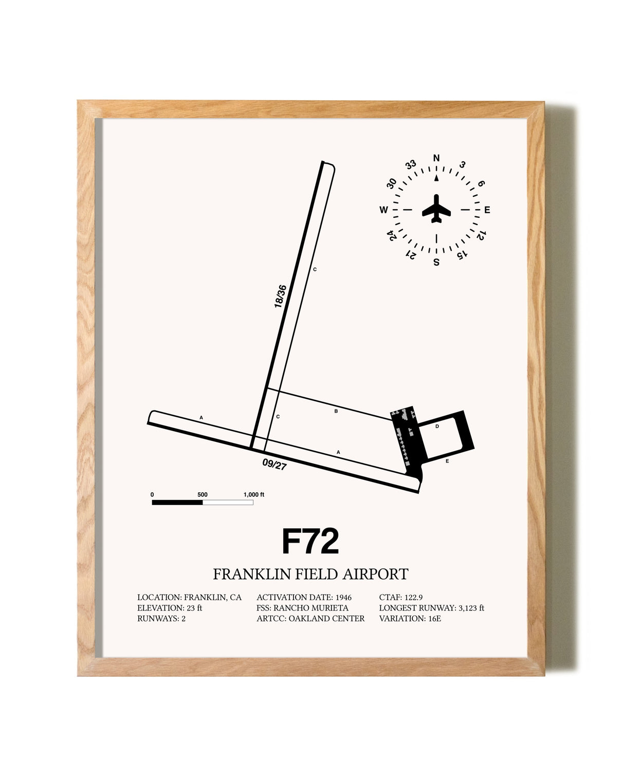Franklin Field Airport framed print in natural wood frame