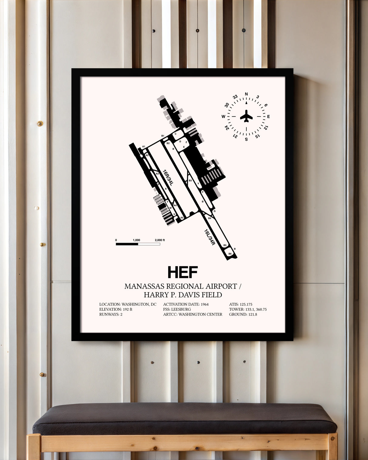 Manassas Regional Airport / Harry P. Davis Field framed poster displayed in an airplane hangar