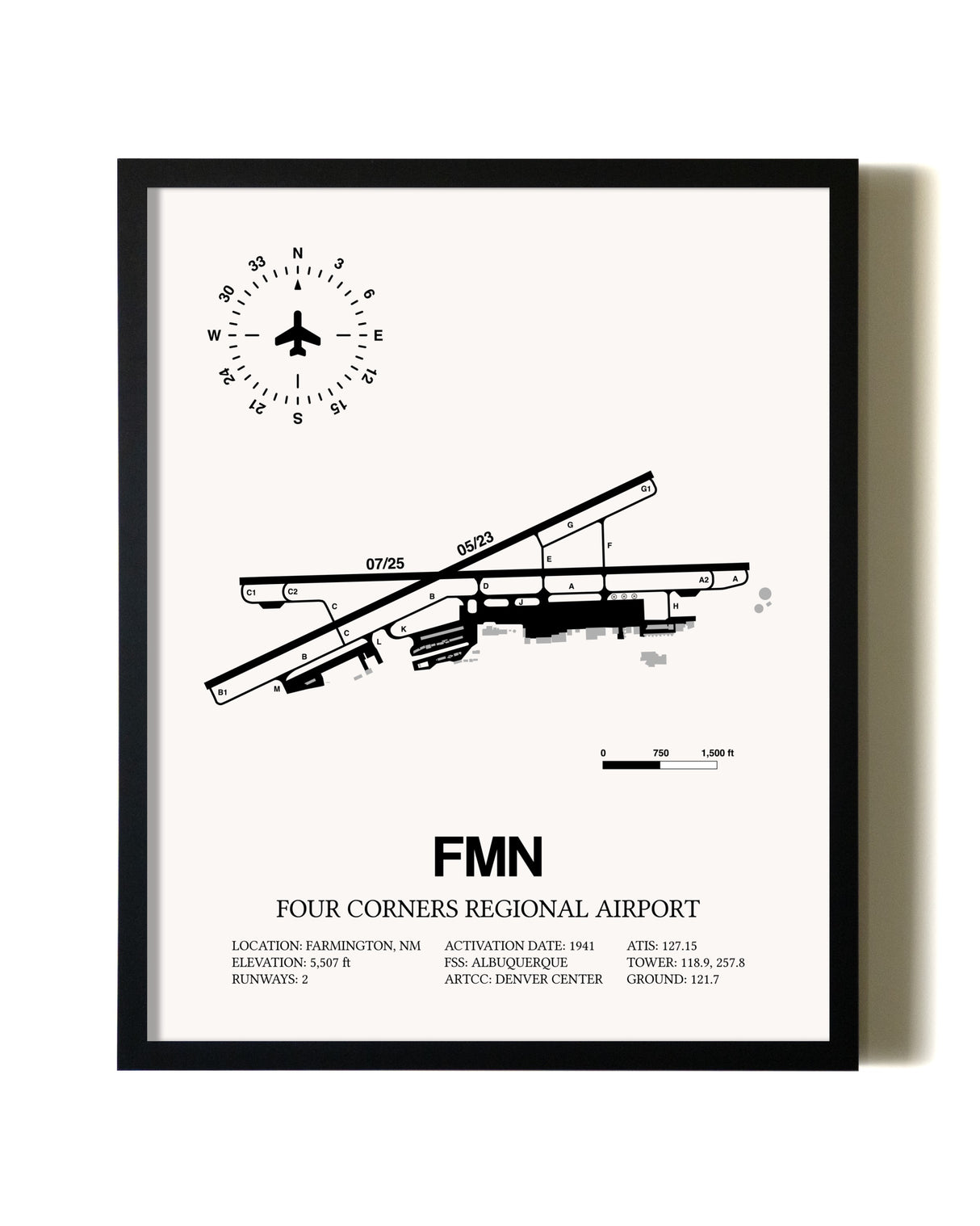 Framed Four Corners Regional Airport wall art poster in black frame