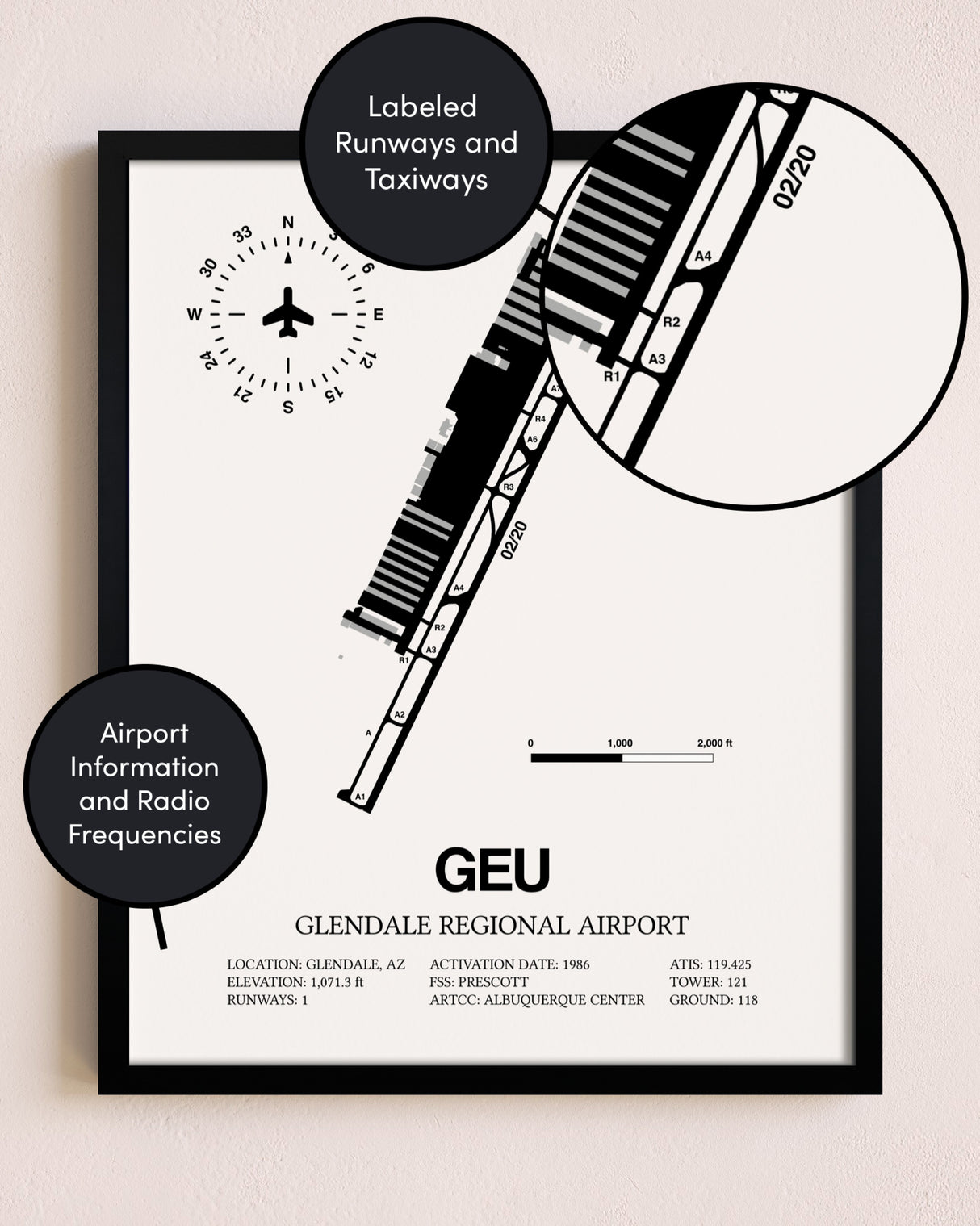 Framed Glendale Regional Airport layout wall art poster