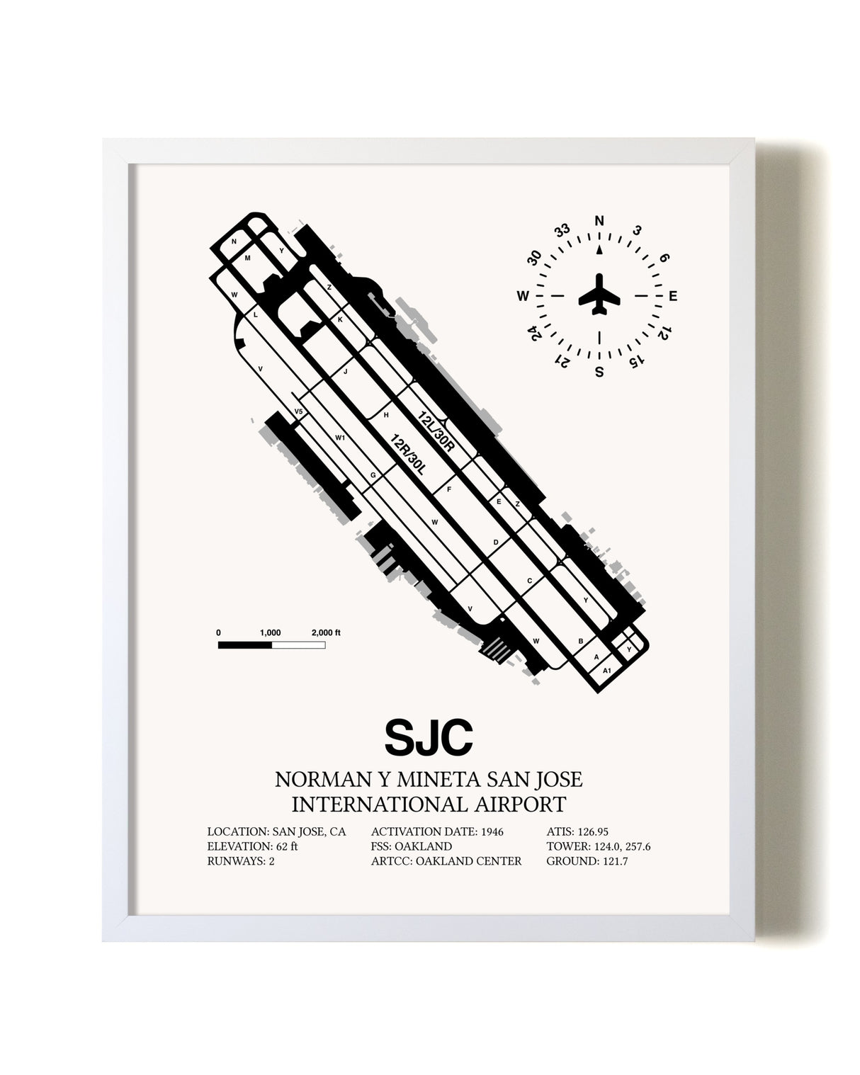 San Jose Mineta International Airport airport map poster in oak frame
