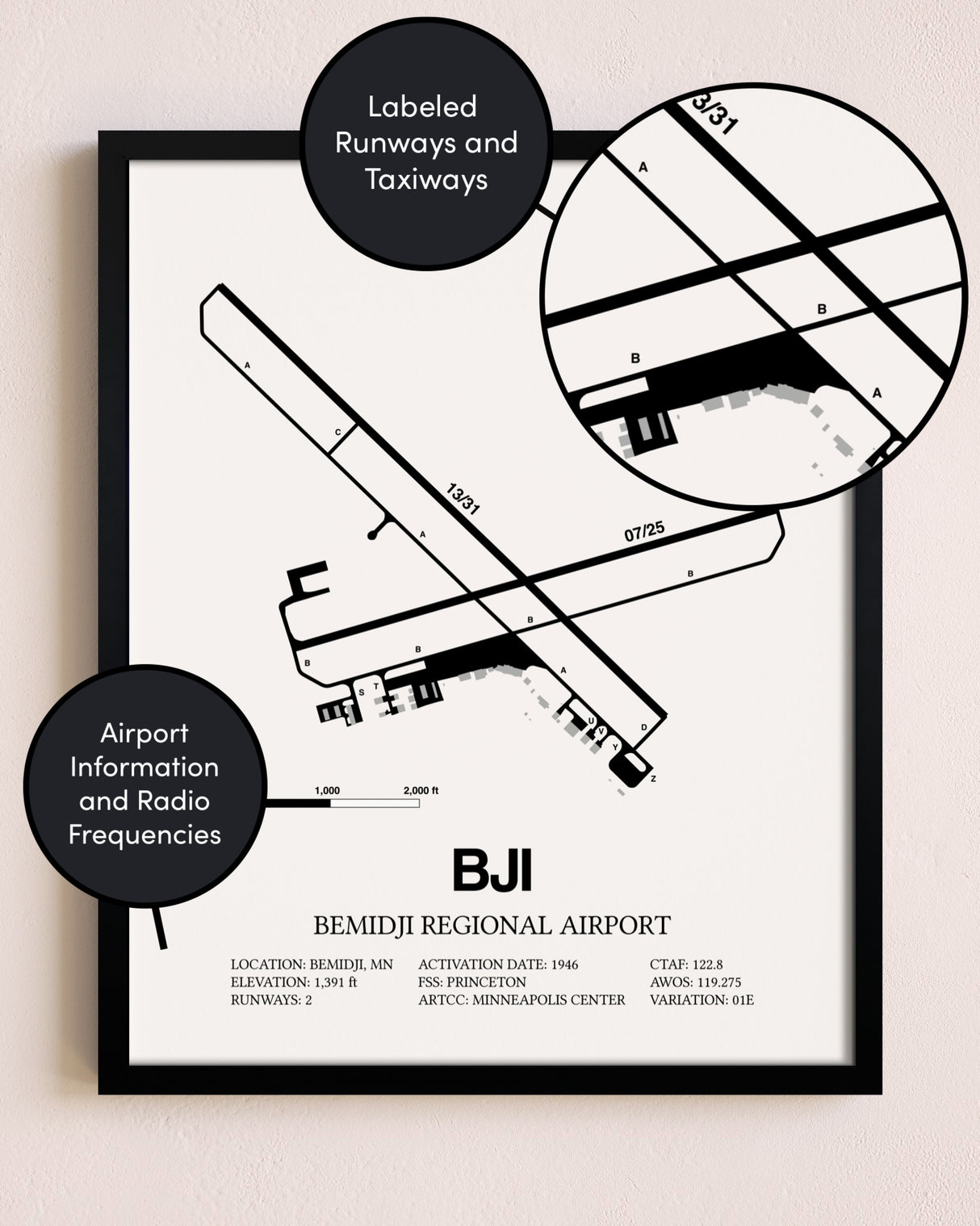Framed Bemidji Regional Airport layout wall art poster