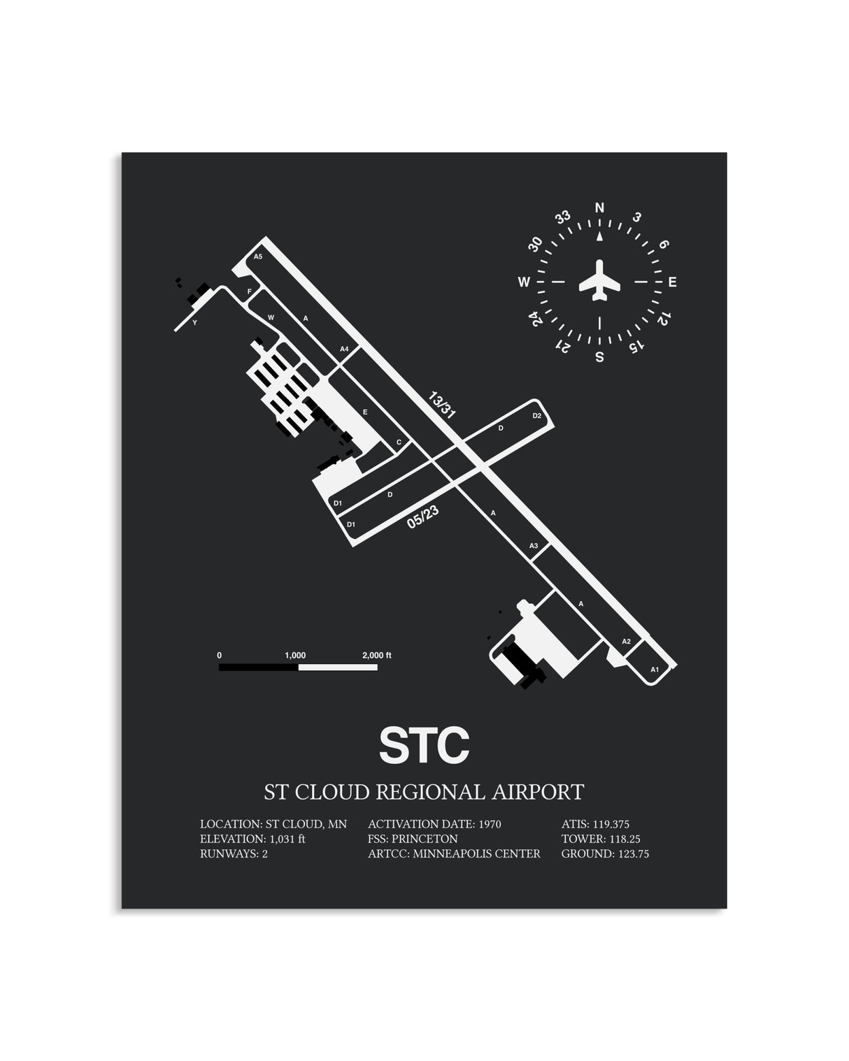 Gray Framed St. Cloud Regional Airport layout wall art poster
