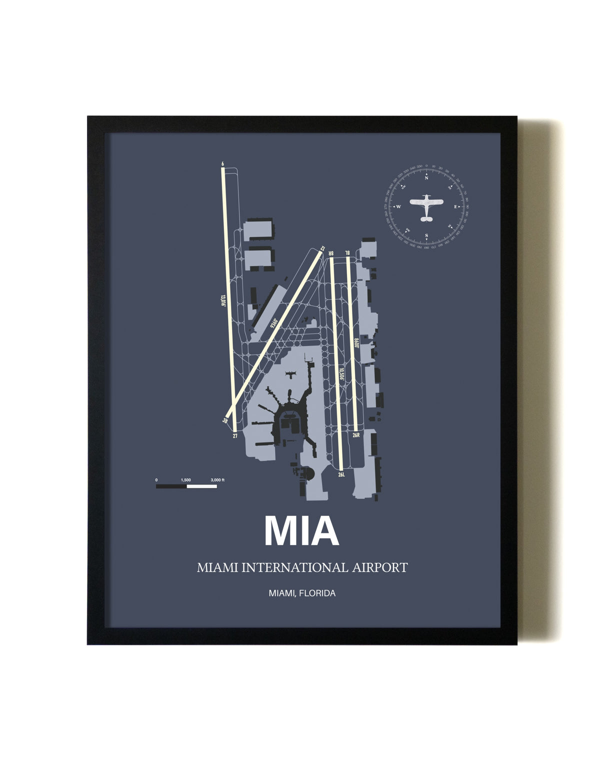 Blue and Cream Framed Miami International Airport layout wall art poster