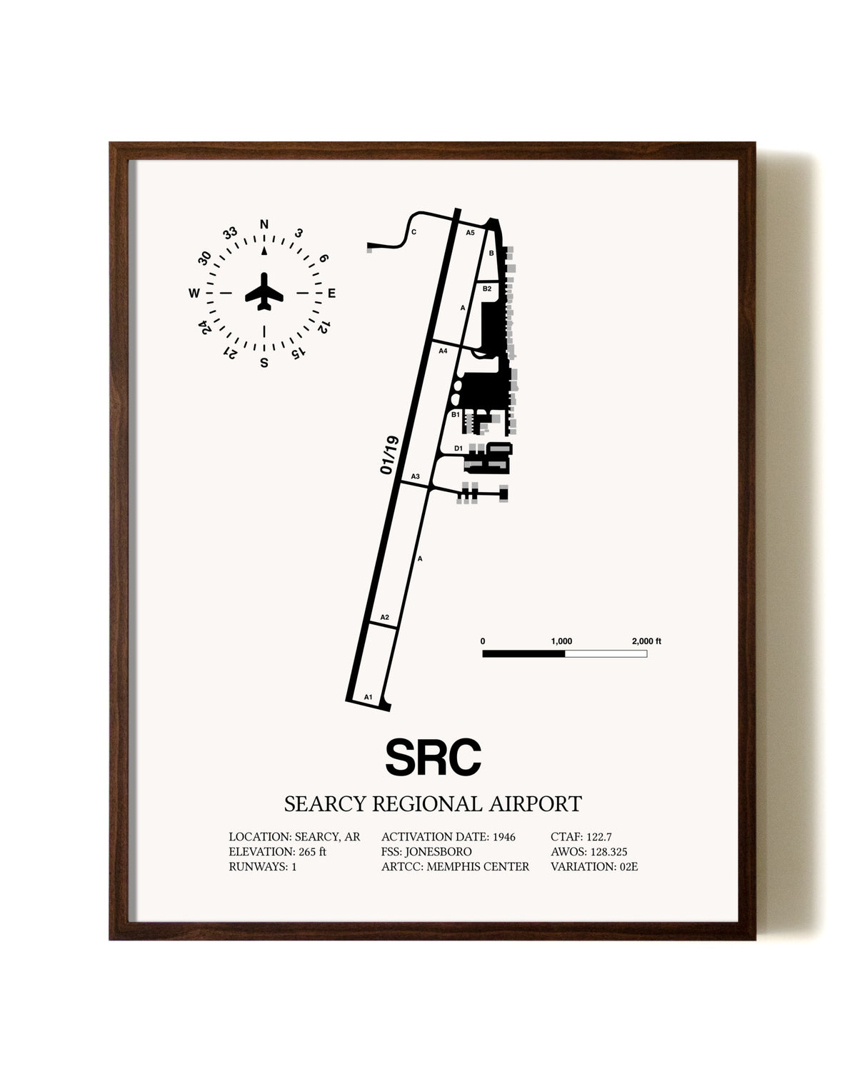 Searcy Regional Airport aviation print in walnut frame