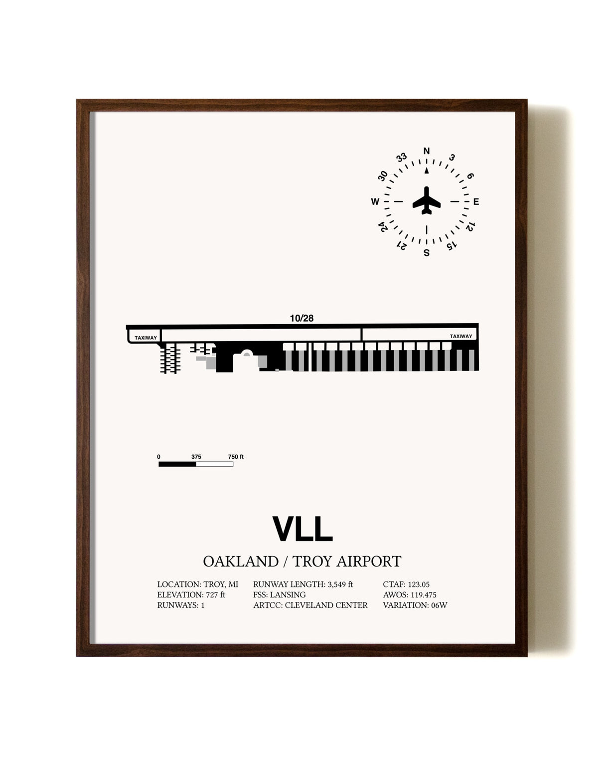 Oakland / Troy Airport aviation print in walnut frame