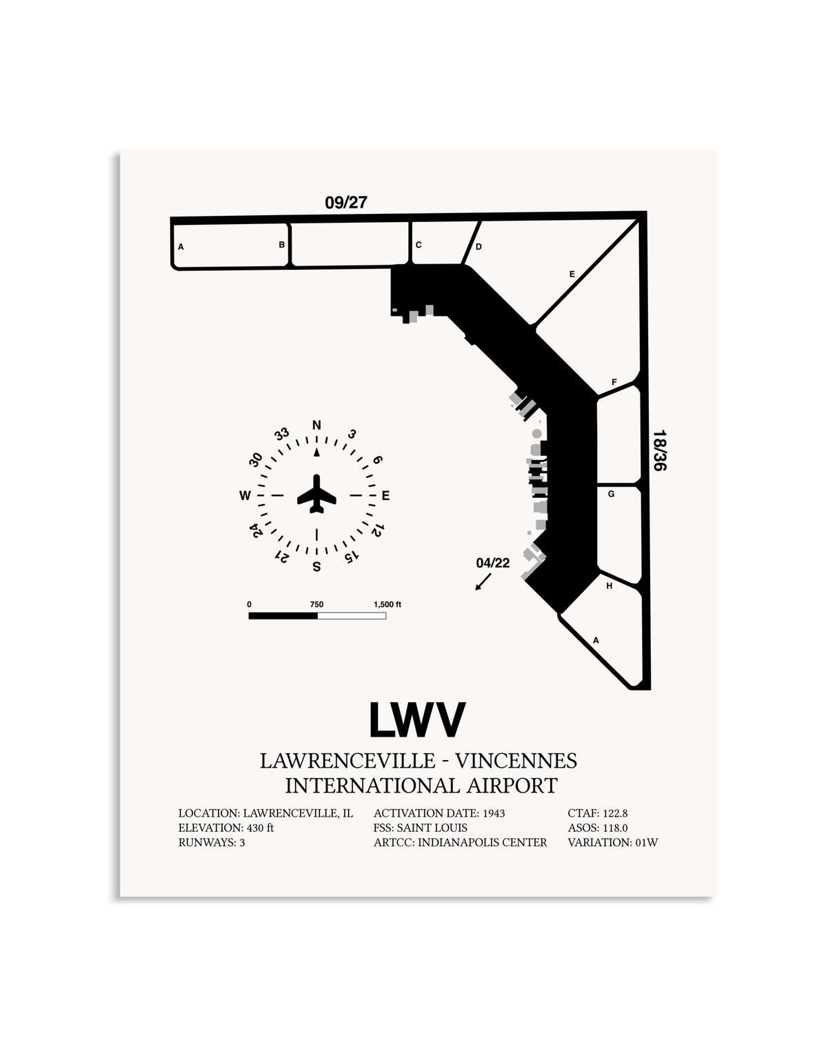 Gray Lawrenceville-Vincennes International Airport framed poster displayed in an airplane hangar