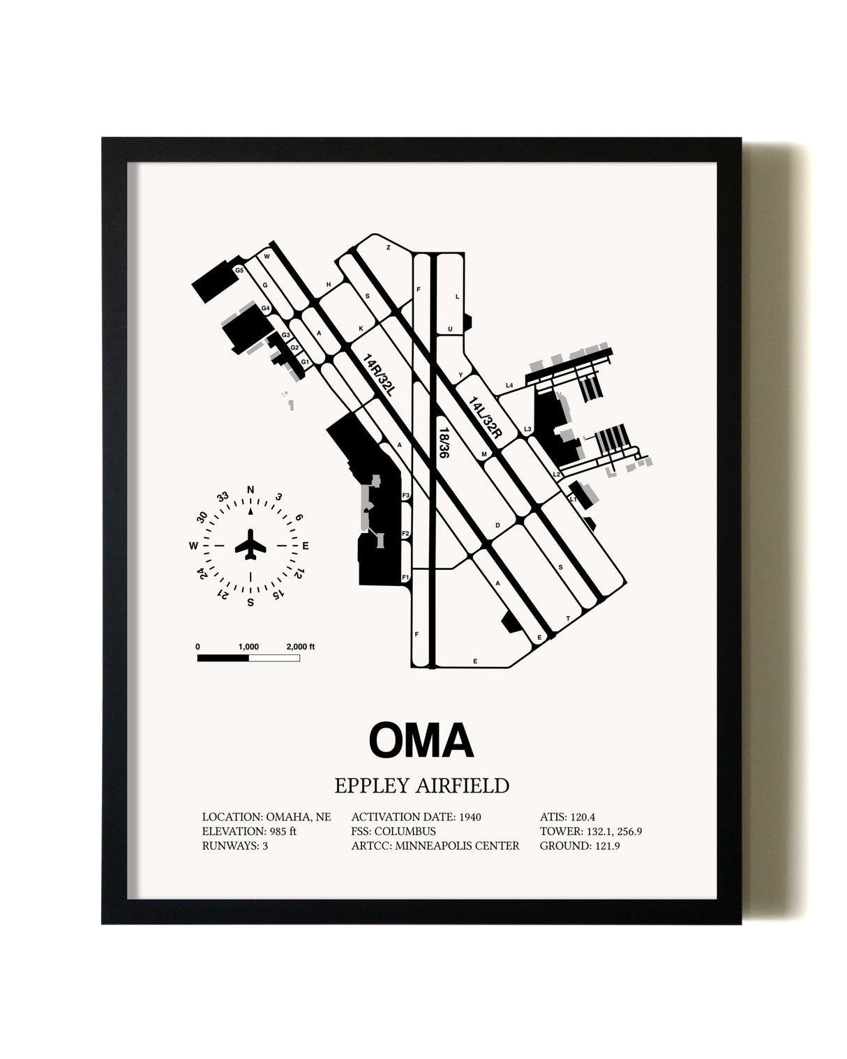 Framed Eppley Airfield wall art poster in black frame