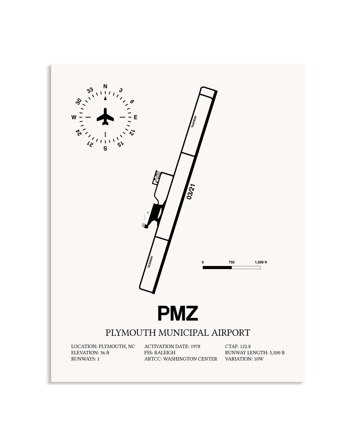 Gray Plymouth Municipal Airport framed poster displayed in an airplane hangar