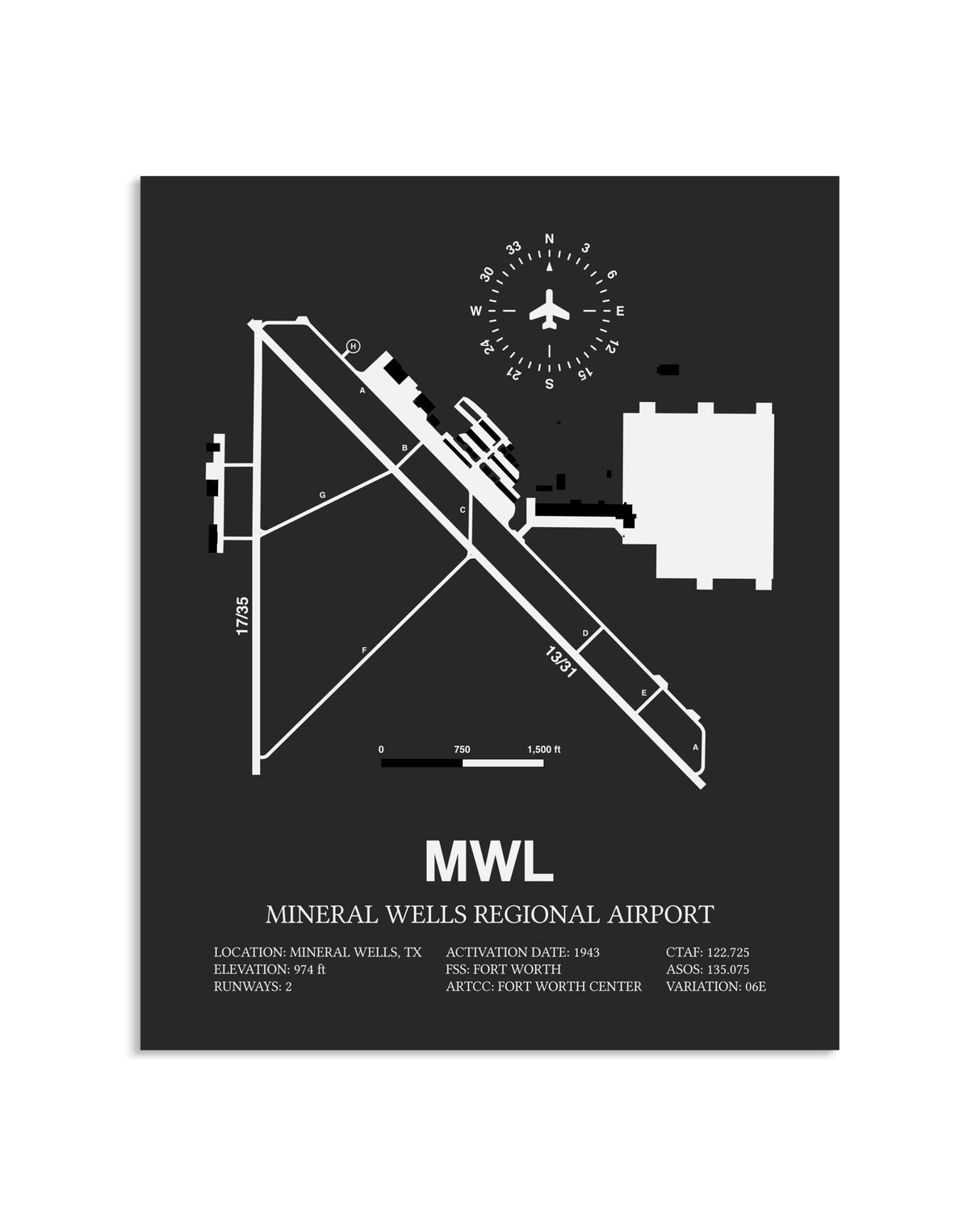 Gray Framed Mineral Wells Regional Airport layout wall art poster