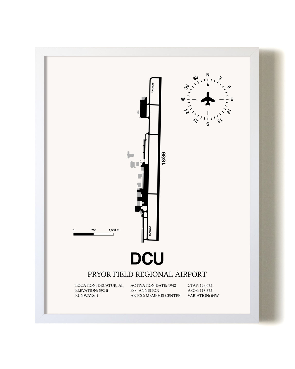 Pryor Field Regional Airport airport map poster in oak frame