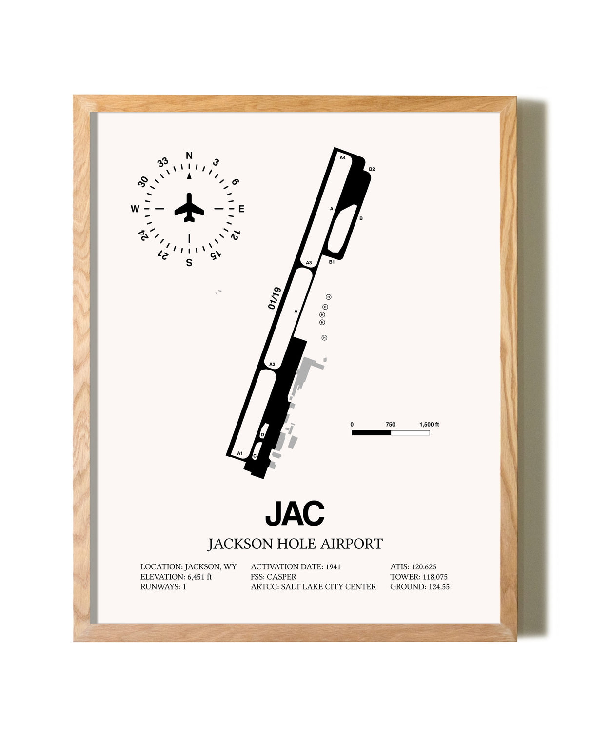 Jackson Hole Airport framed print in natural wood frame
